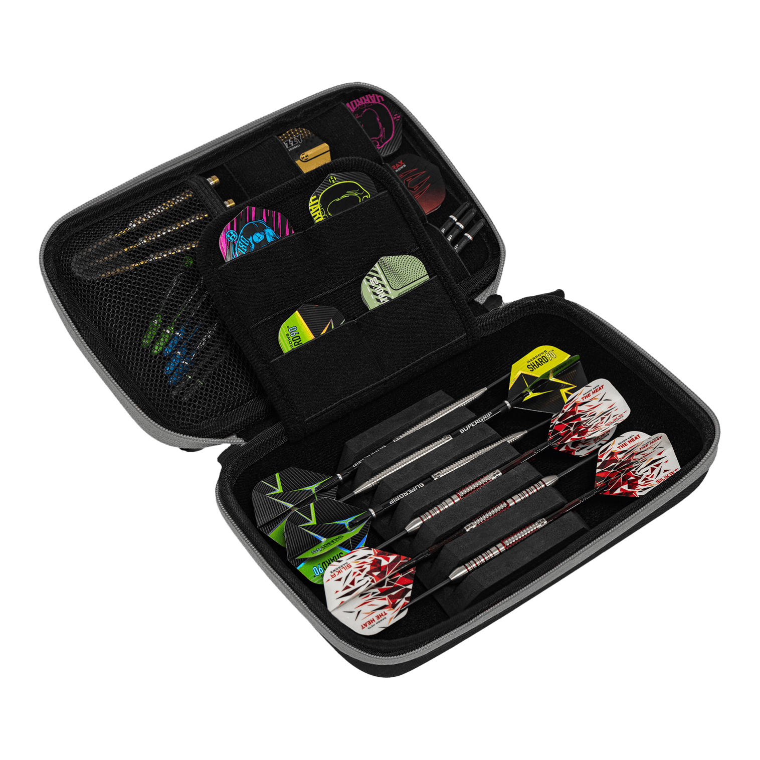 Harrows Smart Case XL dart wallet Das Bild zeigt ein geöffnetes Dart-Etui mit mehreren Darts und Zubehörteilen ordentlich verstaut. Die Aufbewahrungstasche ist schwarz und bietet verschiedene Fächer für Flights und Ersatzteile.