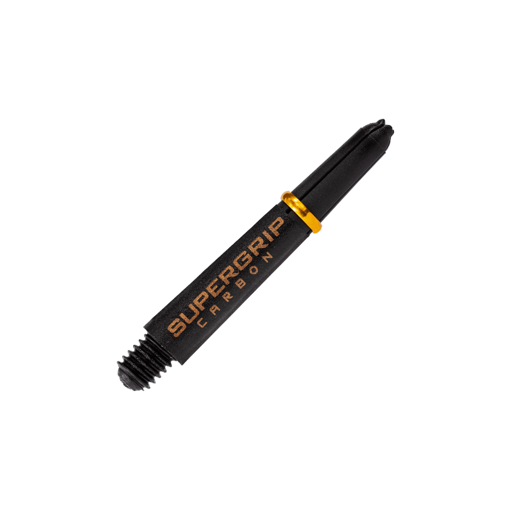 HR351_Harrows_Supergrip_Carbon_Shafts_Gold_33mm_2 Das Bild zeigt einen Harrows Supergrip Carbon Shaft in der Farbe Gold. Der Schaft ist schwarz mit goldenen Akzenten und dem Aufdruck "SUPERGRIP CARBON".