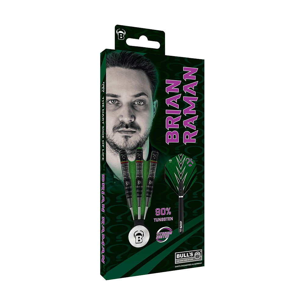 Bulls Brian Raman The Riddler Steeldarts Auf der Verpackung sind drei Steeldarts und das Porträt eines Mannes abgebildet. Der Name "Brian Raman" steht in großen Buchstaben daneben, und es wird 90% Tungsten hervorgehoben.