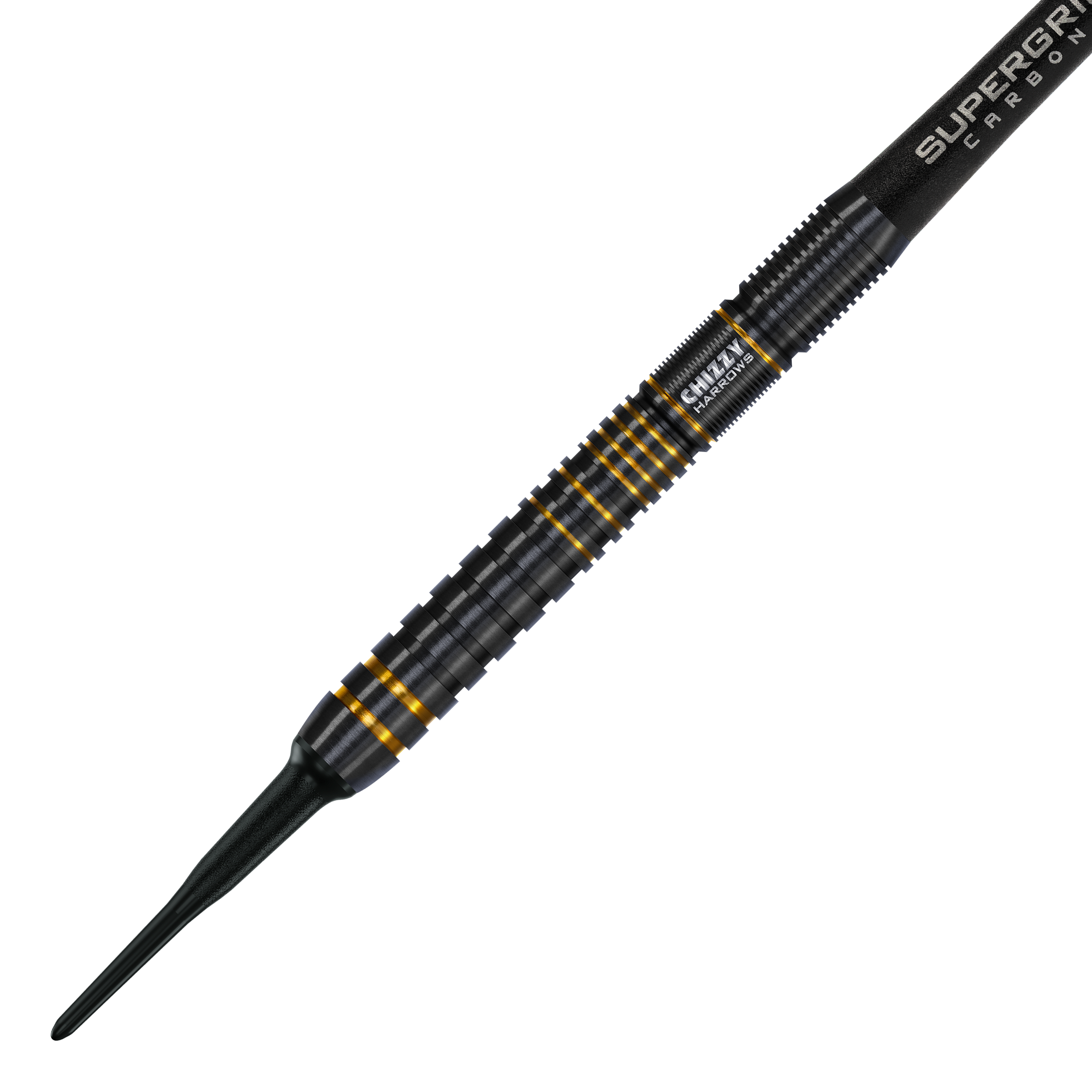 Harrow's Dave Chisnall Chizzy Series 3 soft darts Das Bild zeigt einen Harrows Dave Chisnall Chizzy Series 3 Softdart. Der Dartpfeil ist schwarz mit goldenen Akzenten und hat ein geriffeltes Griffdesign.
