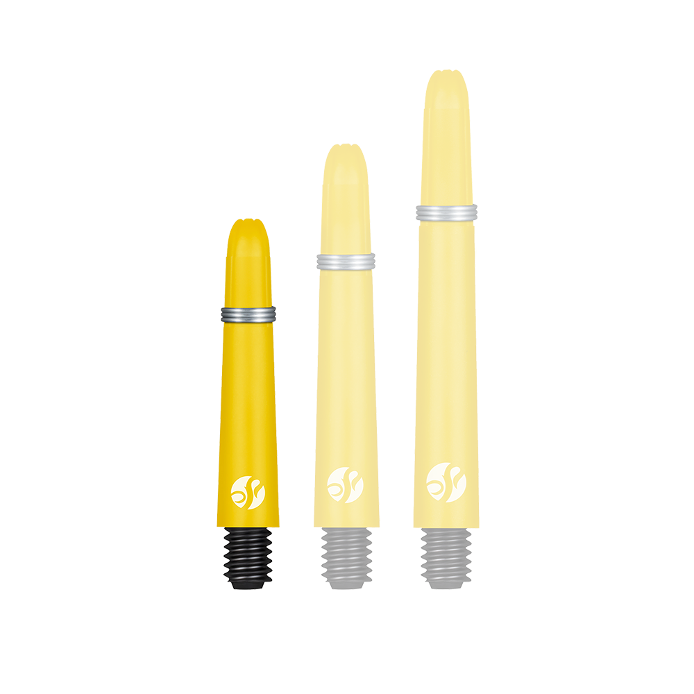 Shot Koi Carbon Shafts - Yellow Das Bild zeigt drei gelbe Dart-Schäfte in verschiedenen Längen. Sie haben schwarze Gewinde und silberne Ringe am oberen Ende.
