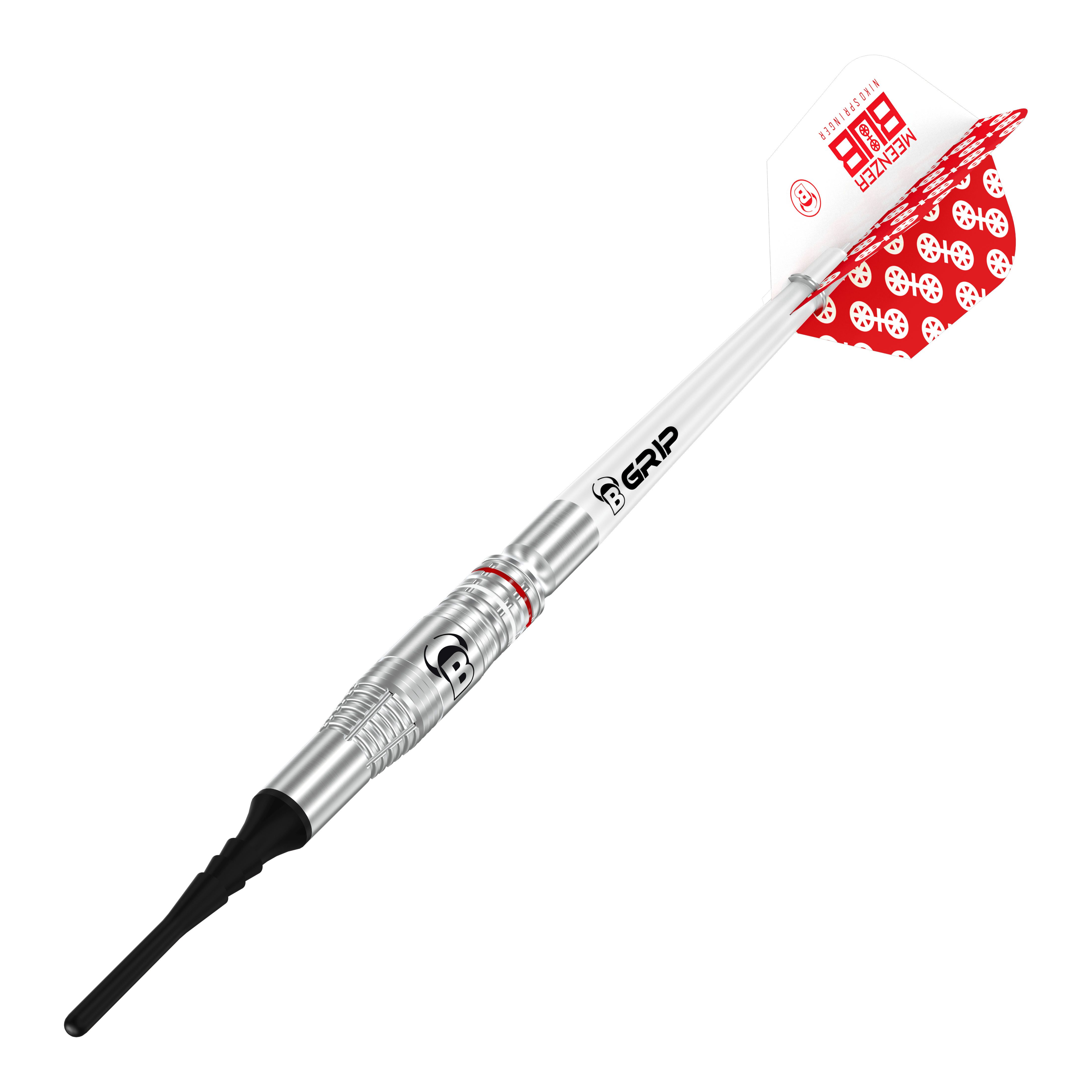Bulls Niko Springer soft darts - 22g Das Bild zeigt einen Bulls Niko Springer Softdart mit einem Gewicht von 22g. Der Dart hat einen silbernen Schaft, schwarze Spitze und weiße Flights mit rotem Muster.