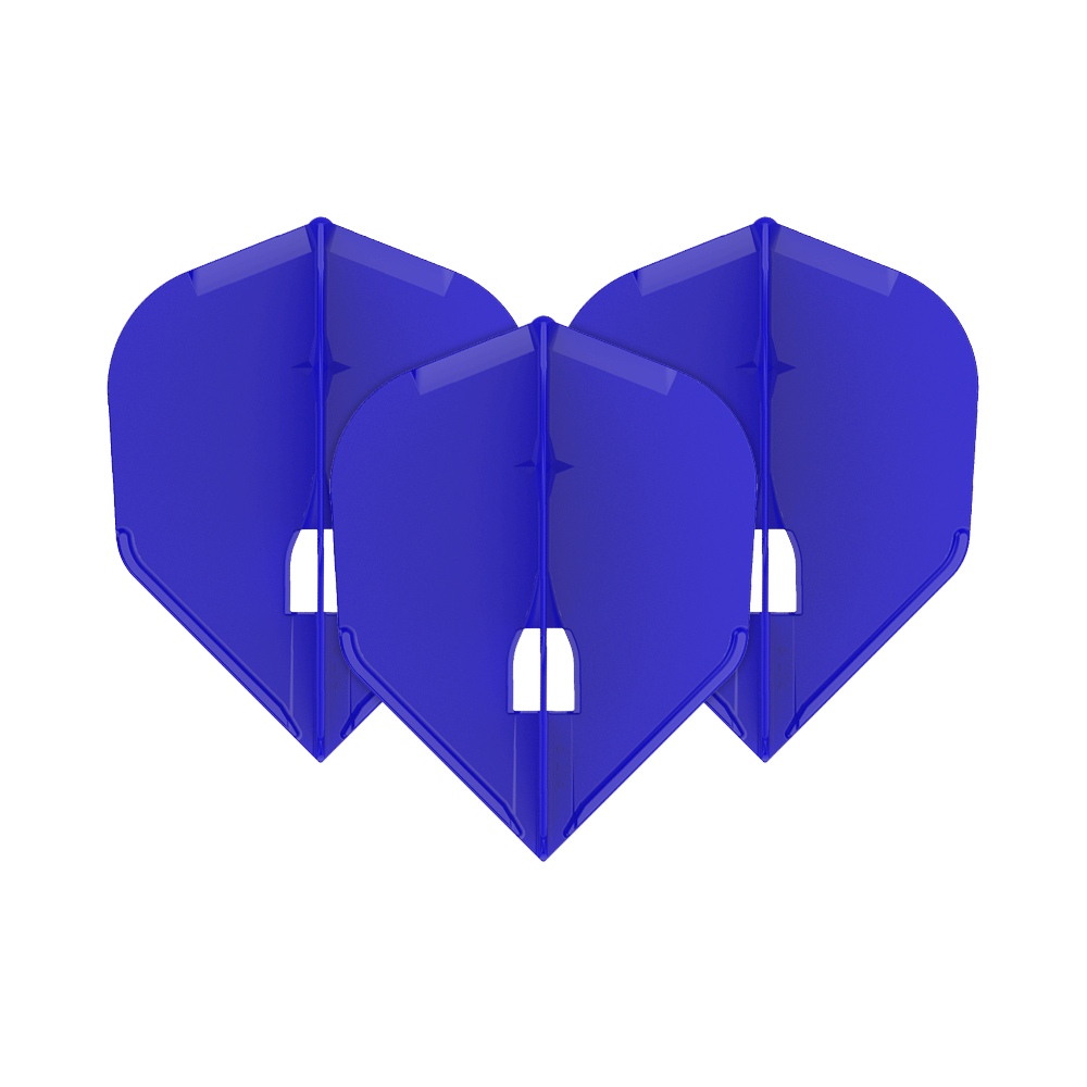 L-Style Flights Champagne - L3PRO Shape Auf dem Bild sind drei blaue Dart-Flights zu sehen. Sie sind nebeneinander angeordnet und haben eine standardisierte, breite Form.