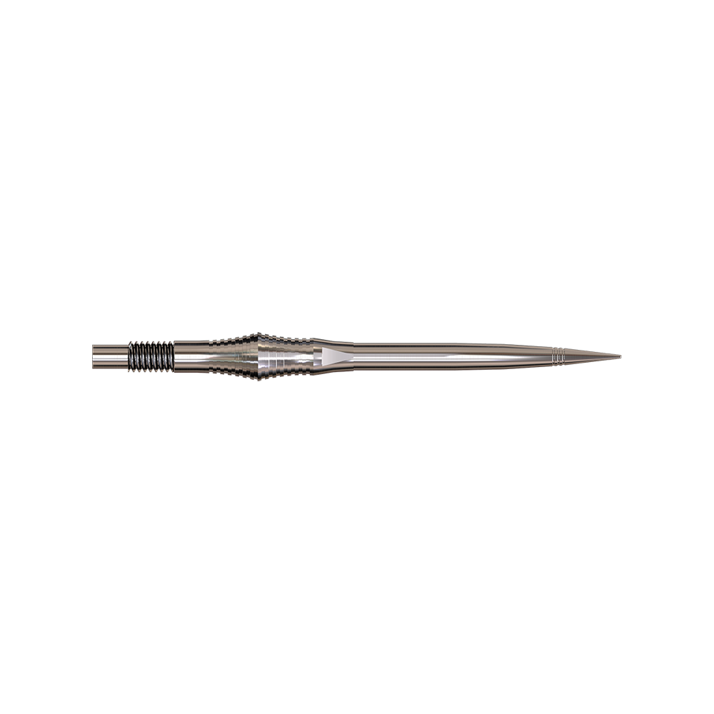 Spire Silver Elite Series Dartspitzen in 35mm werden gezeigt. Die Spitzen sind silberfarben und filigran.