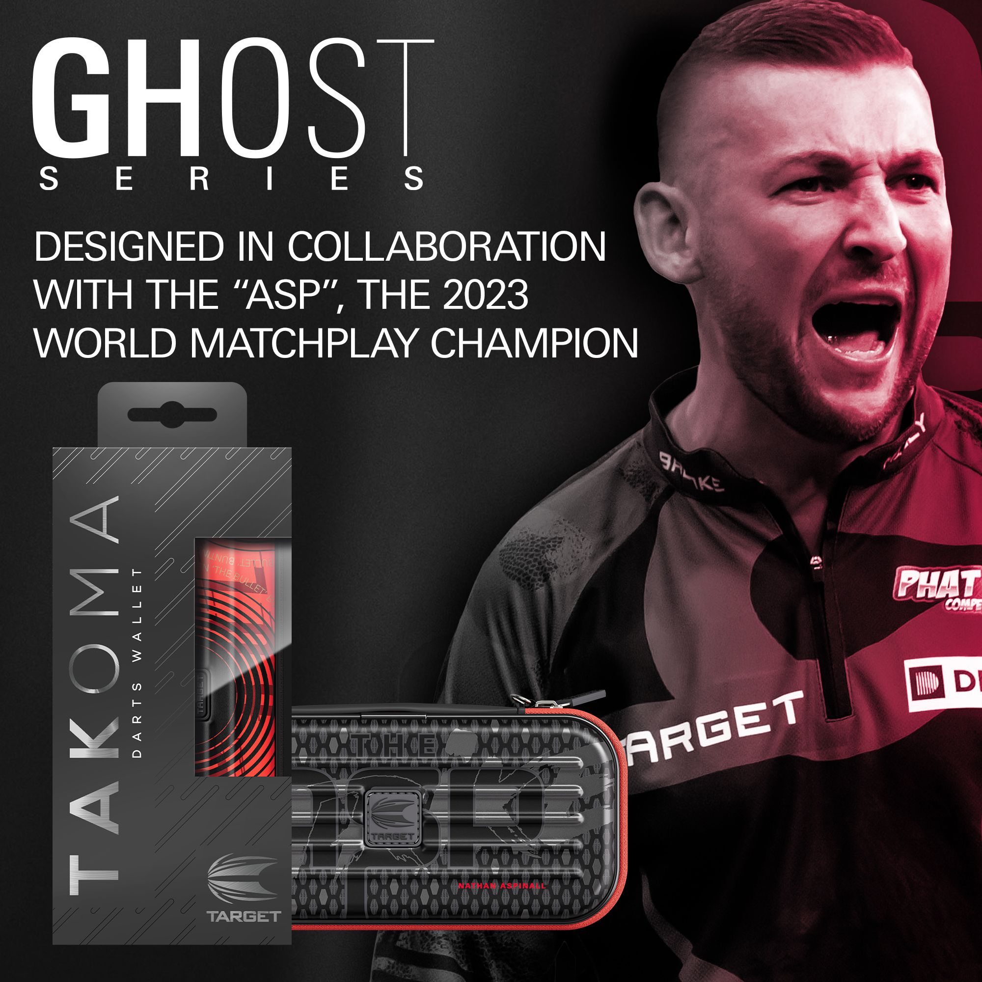 Zu sehen ist das Takoma Ghost Series Nathan Aspinall Dartcase. Es dient zum sicheren Transport und zur Aufbewahrung von Dartpfeilen.