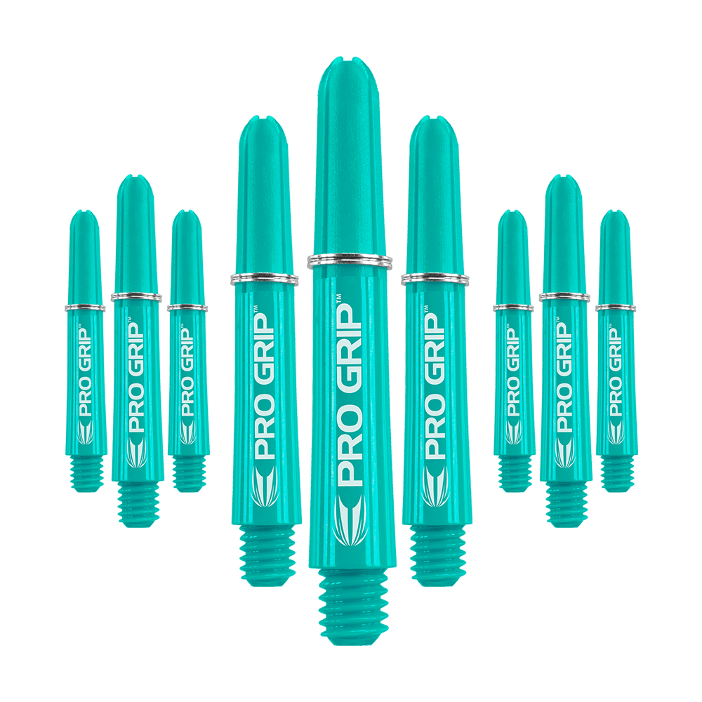 Target Pro Grip Shafts - 3 Sets - Aqua Das Bild zeigt neun türkisfarbene Dartschäfte mit der Aufschrift "PRO GRIP". Die Schäfte sind in einer Gruppe angeordnet und haben silberne Ringe.