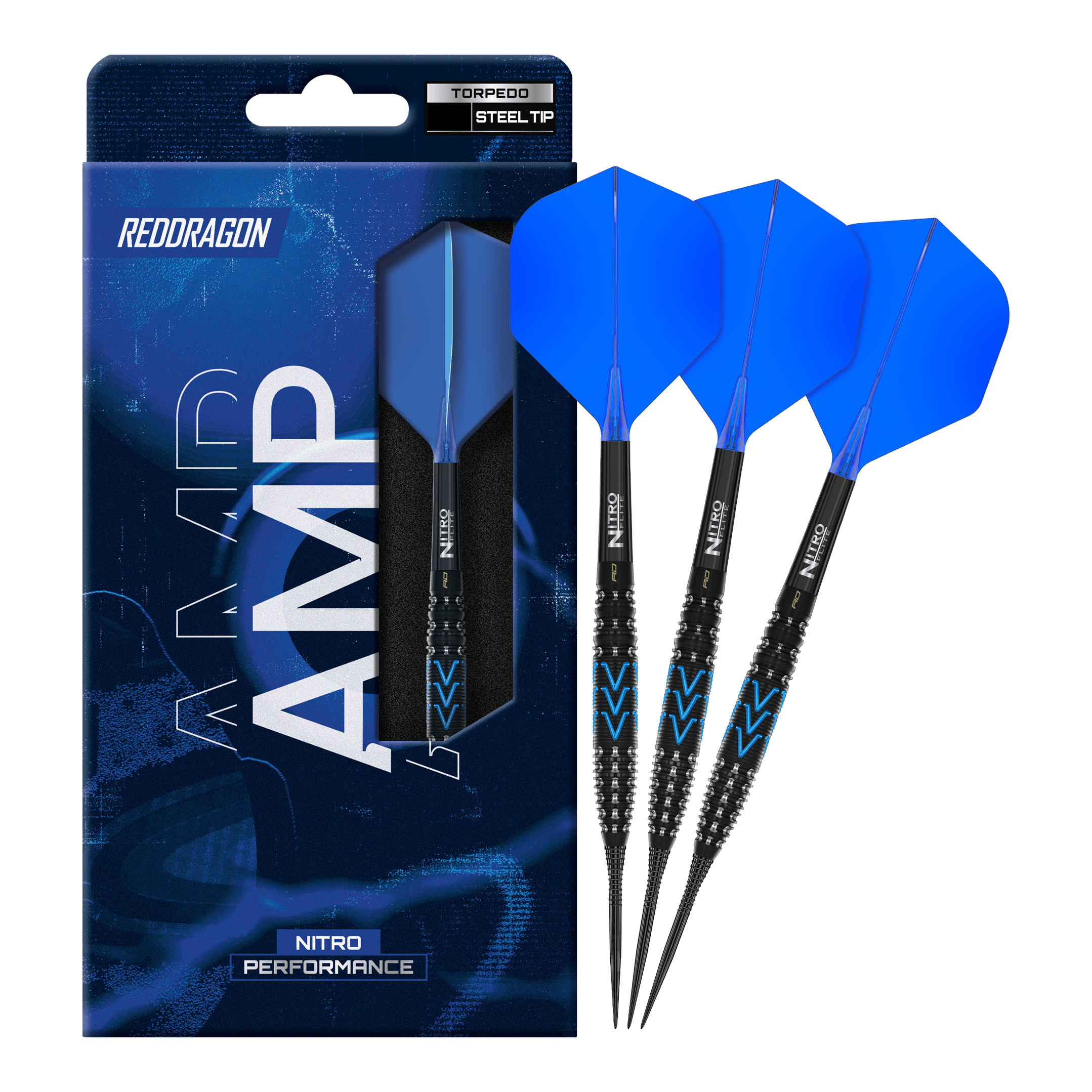 Hier ist der Red Dragon Amp Torpedo Steeldarts abgebildet. Es handelt sich um komplette Steeldarts in sportlichem Look.
