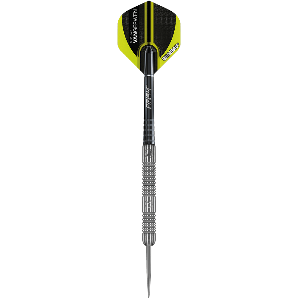 1443_Winmau_Michael_Van_Gerwen_MvG_Authentic_Steeldarts_1f2YRRNKDuH0eS Das Bild zeigt einen Winmau Michael Van Gerwen MvG Authentic Steeldart. Der Dartpfeil ist silberfarben mit schwarzen Akzenten und hat eine schwarz-gelbe Flight.