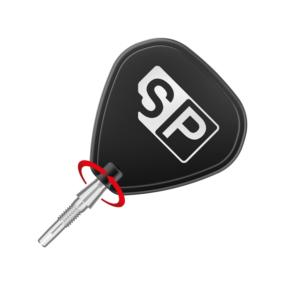340055_Target_Swiss_Storm_Point_Dartspitzen_Silber_3_SP Das Bild zeigt eine silberne Dartspitze mit einem schwarzen Dartflight, auf dem die Buchstaben "SP" stehen. Ein roter Pfeil deutet eine Drehbewegung an der Verbindung zwischen Spitze und Flight an.