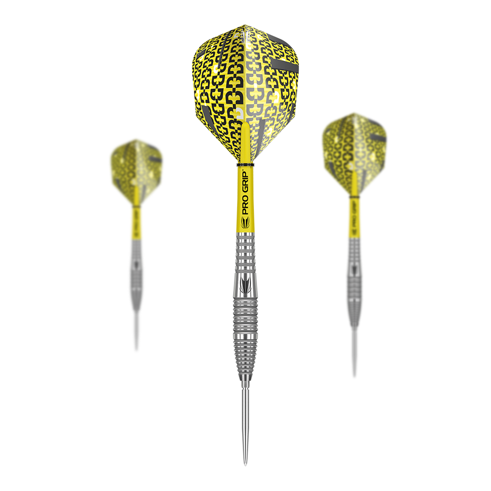Target Bolide 05 Swiss Point steel darts Das Bild zeigt drei Target Bolide 05 Swiss Point Steeldarts mit gelben Flights und silbernen Spitzen. Die Darts haben auffällige Pro Grip Schäfte und ein modernes Design.