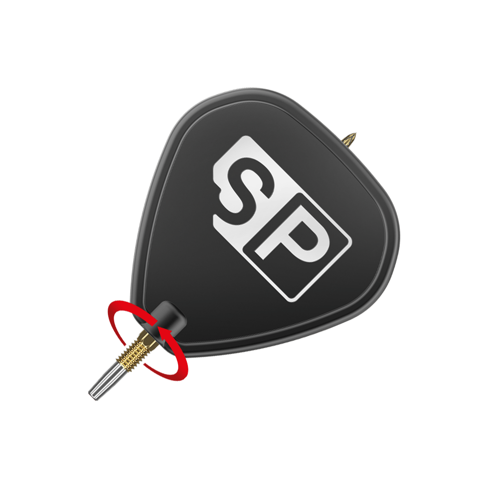 Target Swiss Point DX dart tips - gold Das Bild zeigt eine schwarze Dartspitze mit der Aufschrift "SP" in weißen Buchstaben. Ein roter Pfeil deutet auf eine Drehbewegung an der goldenen Spitze hin.