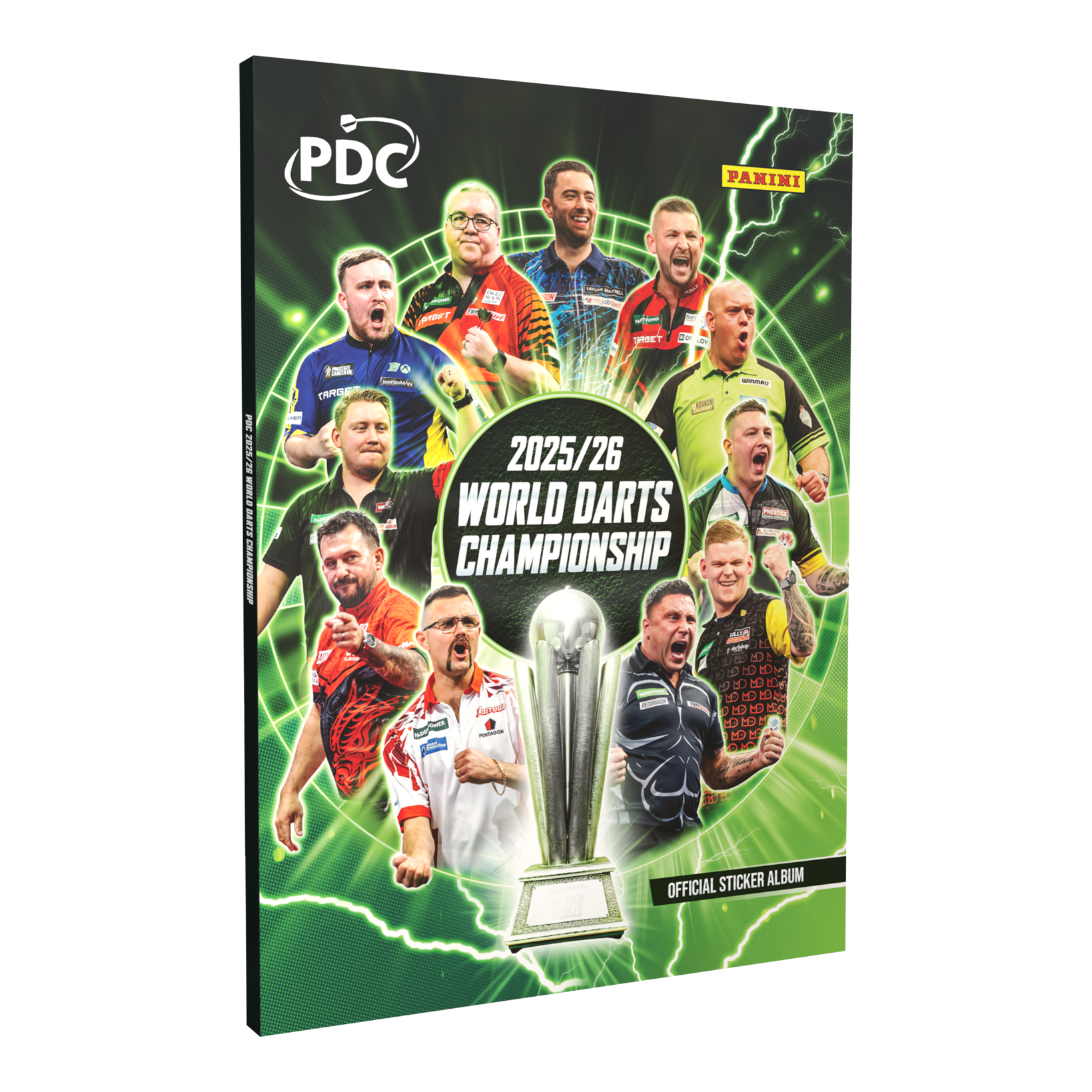 Das Produkt zeigt das Panini PDC World Darts Championship 2025/26 - Official Sticker Hardcover Sammelalbum. Es ist ein offizielles Sammelalbum für Dart-Sticker.