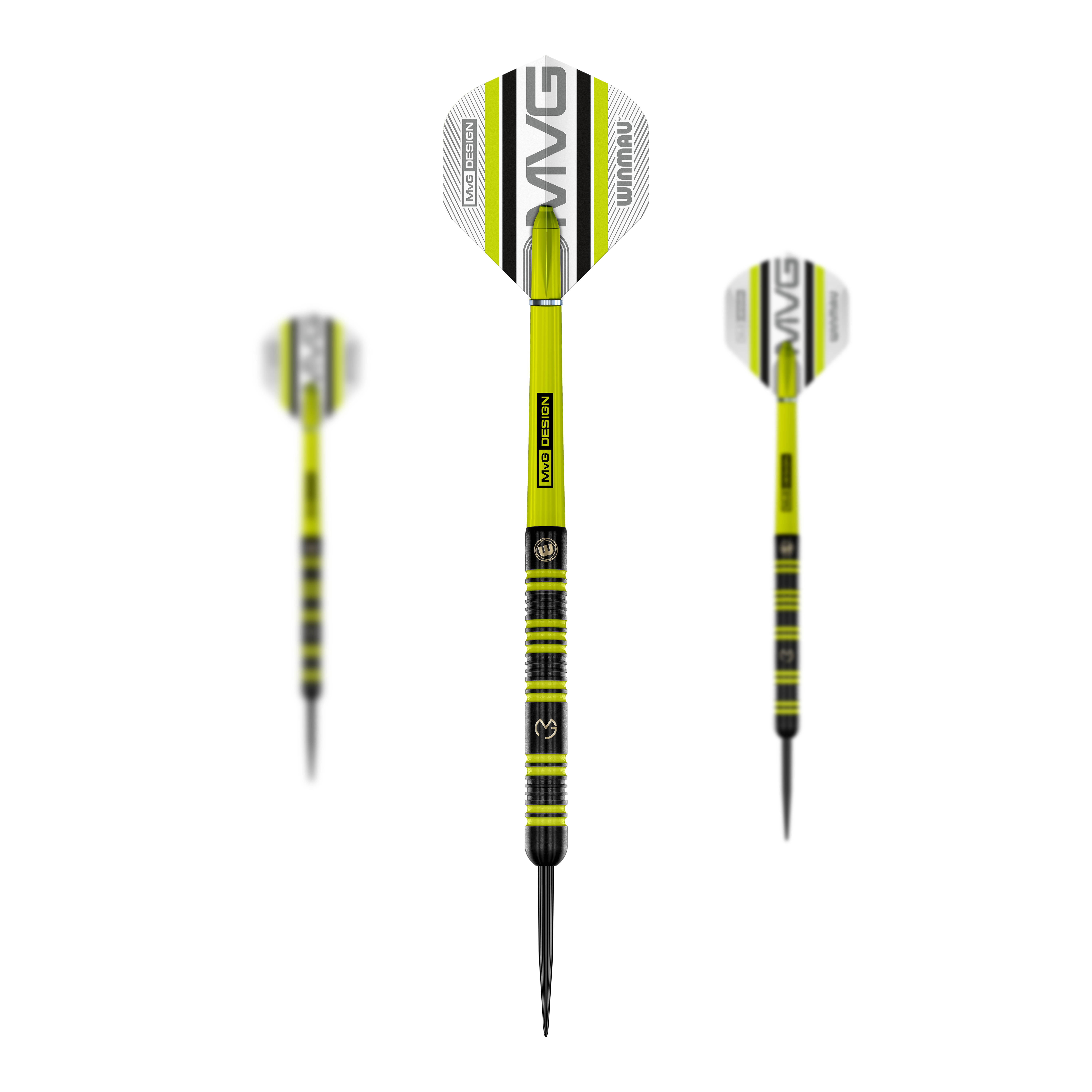 Winmau Michael Van Gerwen 85 Pro-Series steel darts Das Bild zeigt drei Winmau Michael Van Gerwen 85 Pro-Series Steeldarts. Die Darts sind schwarz-gelb gestaltet und haben Flights mit dem Schriftzug "MVG" und "Winmau".
