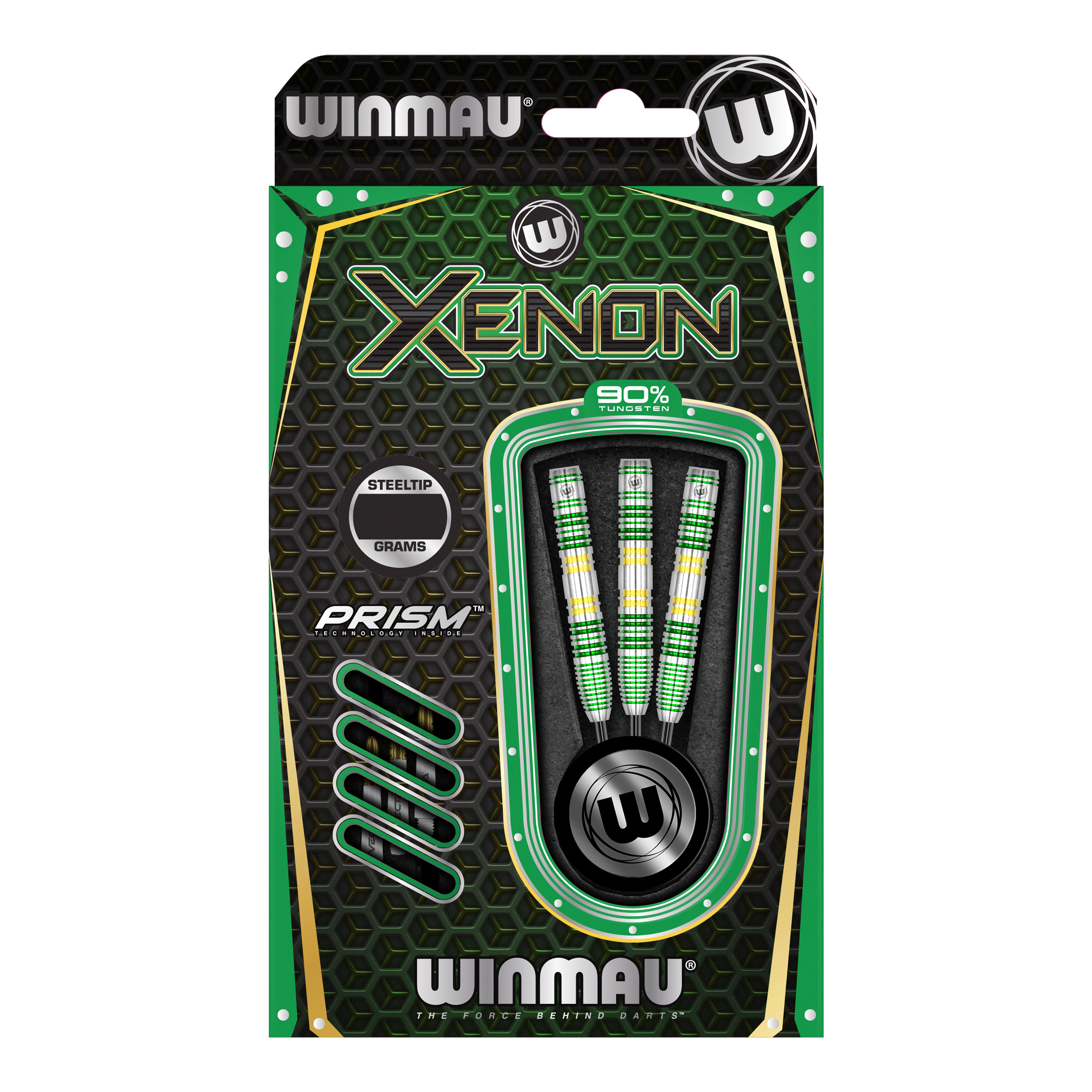 Winmau Xenon Steeldarts Das Bild zeigt eine Packung Winmau Xenon Steeldarts. Die Verpackung ist überwiegend schwarz-grün und enthält drei Darts mit bunten Griffen.