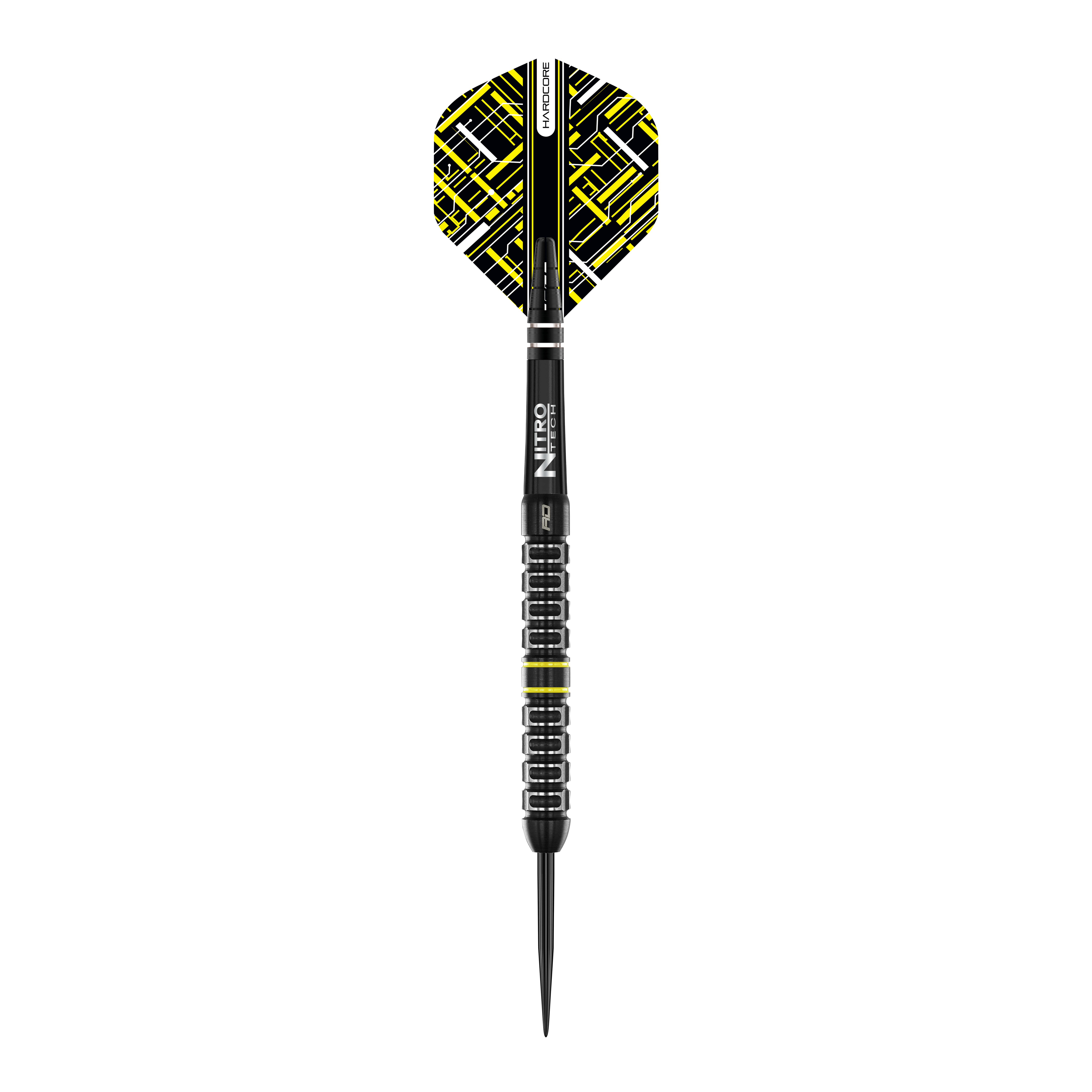 Red Dragon Astraeus Q4X Parallel Steeldarts Das Bild zeigt einen Red Dragon Astraeus Q4X Parallel Steeldart. Der Dartpfeil hat ein modernes Design mit schwarzen und gelben Akzenten auf den Flights.