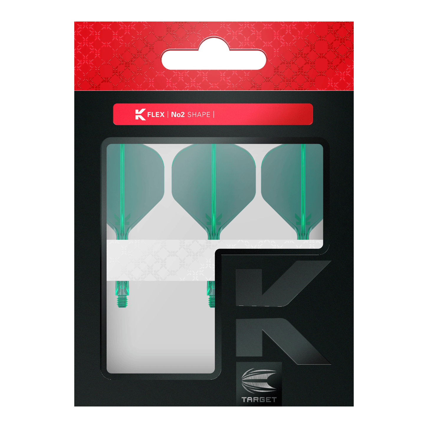 Target K-Flex No2 Standard Flight System - Green Dies ist eine Packung mit drei grünen Dartflights der Marke Target. Die Verpackung ist schwarz mit einem roten oberen Rand und einem Sichtfenster.