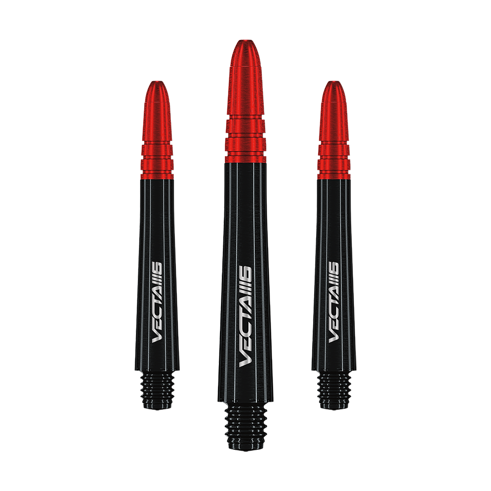 7025_207_Winmau_Vecta_Blade6_Shafts_46mm_1y597gXMyAJMlq Das Bild zeigt drei Winmau Vecta Shafts - Blade 6. Die Shafts sind schwarz mit einem roten oberen Abschnitt und weißem Schriftzug.
