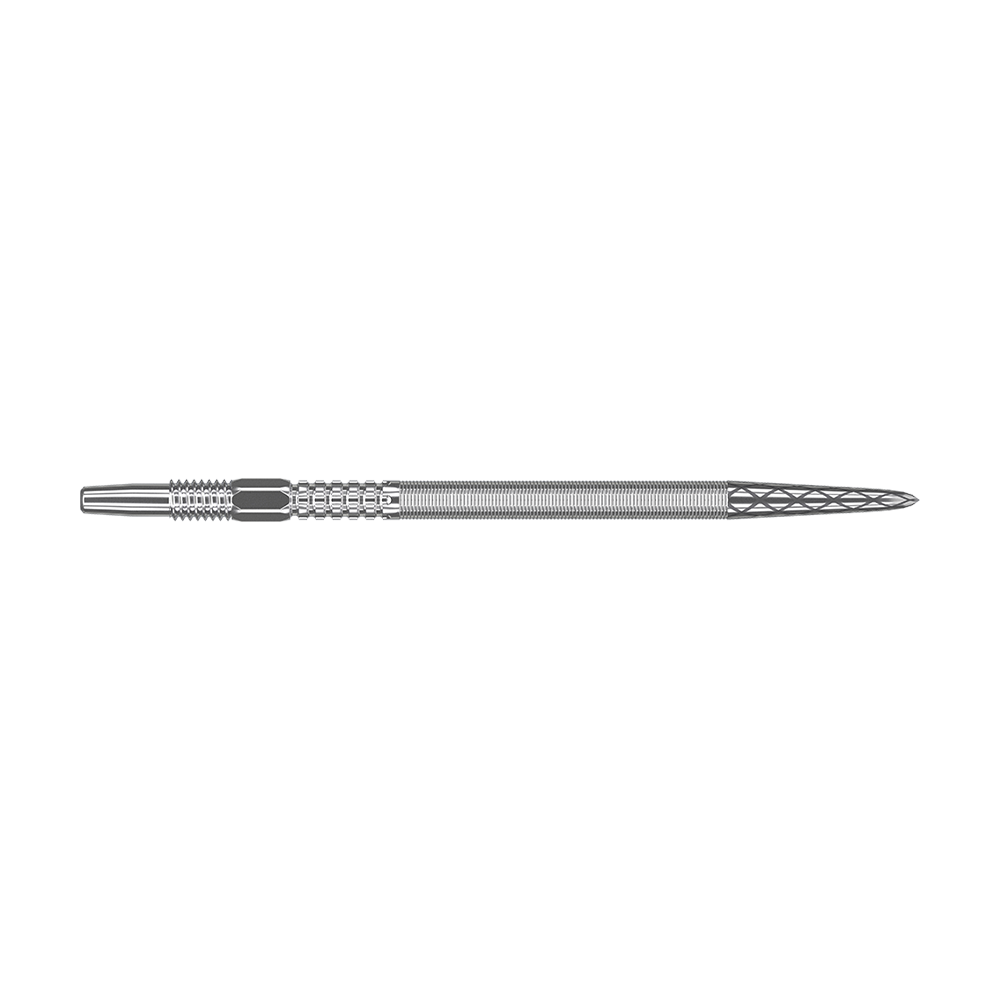 Target Swiss Point DX dart tips - Silver Das Bild zeigt eine silberne Dartspitze mit feinen Rillen und Muster. Die Spitze ist lang und schmal gestaltet.