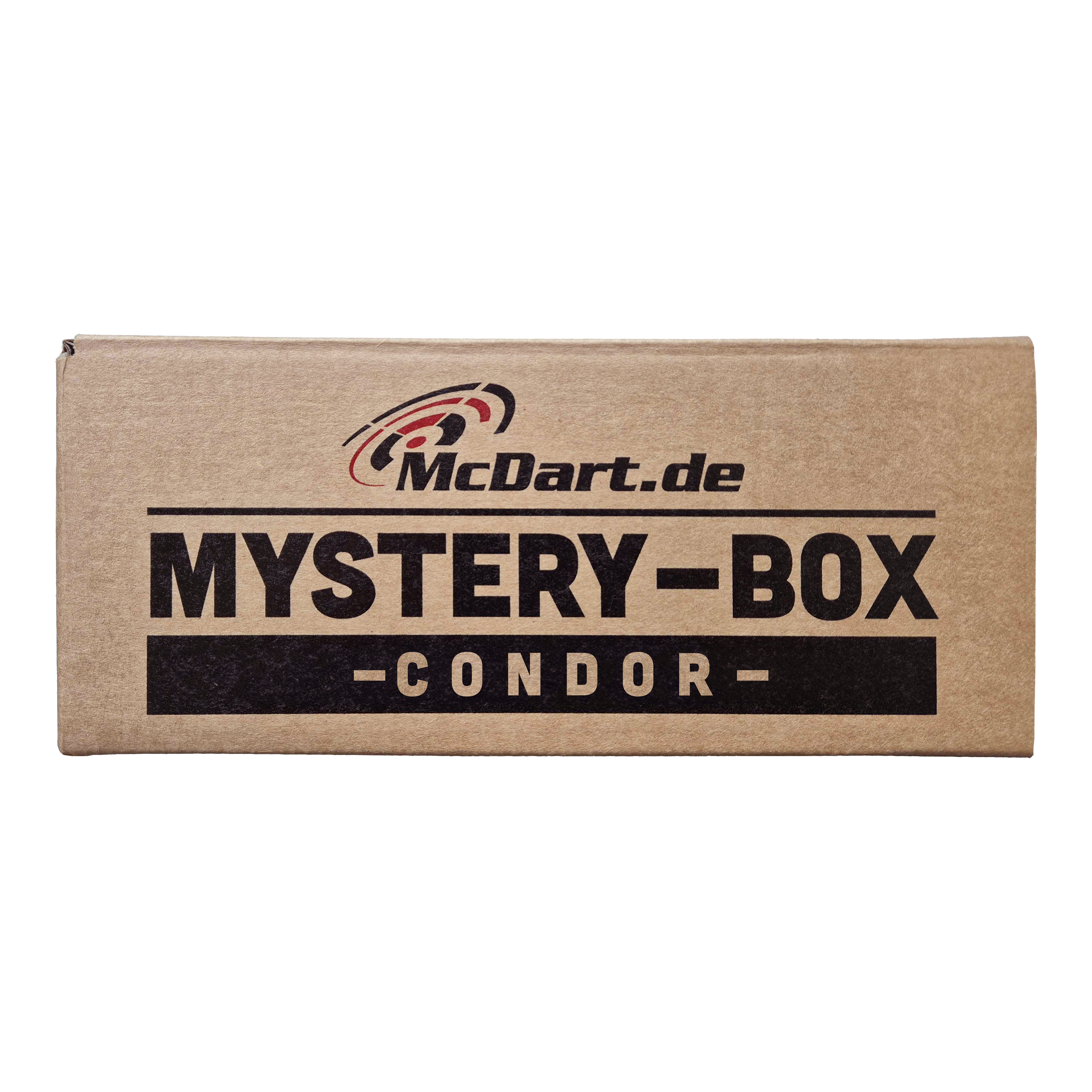 McDart Condor Mystery Box Auf dem Bild ist ein brauner Karton mit der Aufschrift "McDart.de Mystery-Box - Condor -" zu sehen. Die Schachtel wirkt geheimnisvoll und lädt zum Entdecken ein.