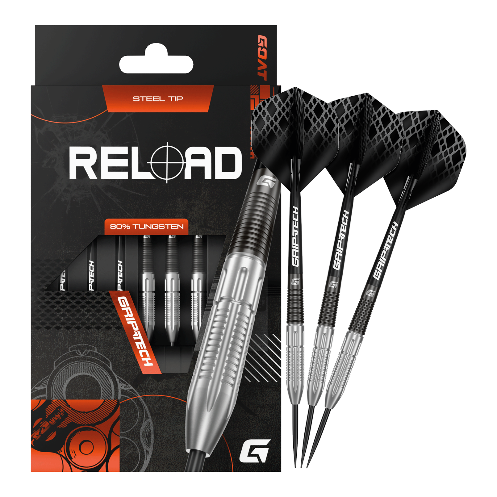 Auf dieser Aufnahme sind die GOAT Reload Steeldarts abgebildet. Es handelt sich um hochwertige Steeldarts für das Dartspiel.