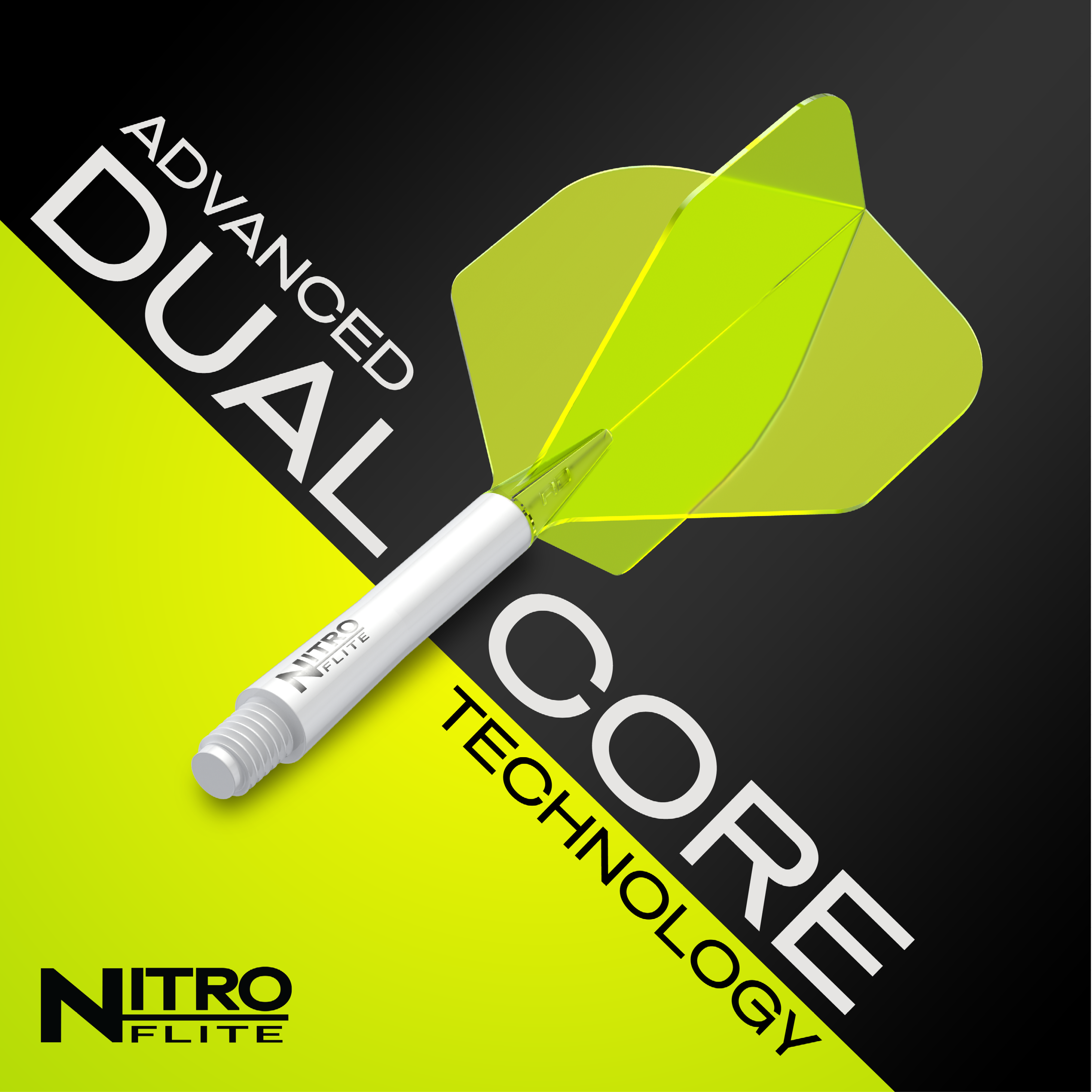 Red Dragon Nitroflite - White Shaft Yellow No2 Flights Das Bild zeigt das Produkt "Red Dragon Nitroflite - White Shaft Yellow No2 Flights" mit einem weißen Schaft und gelben Flights. Im Hintergrund steht der Text "Advanced Dual Core Technology".
