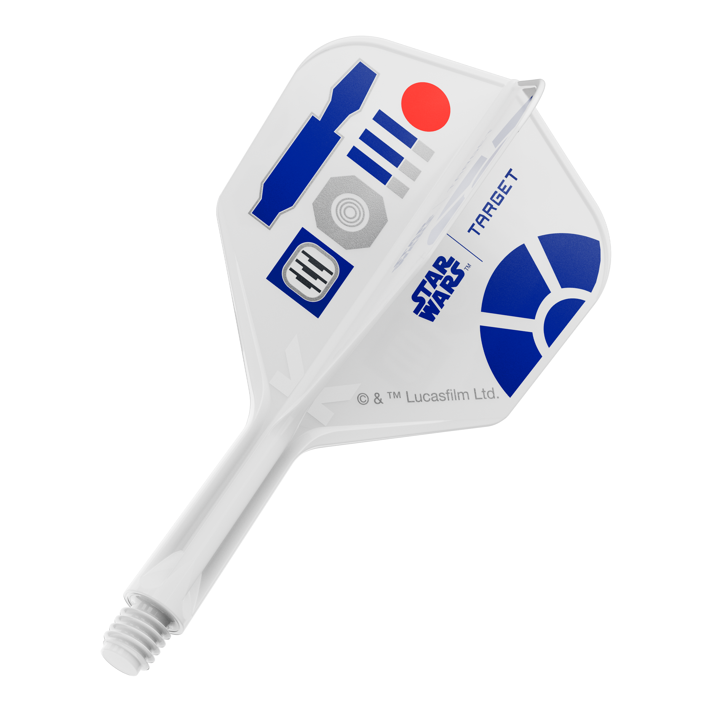 Das Bild zeigt Dart-Flights mit einem R2D2 Motiv und der Bezeichnung 410510_Target_StarWars_KFlex_R2D2_No6_Flights_Short_19mm_1. Es handelt sich um kurze Dart-Flights im Star Wars Stil.