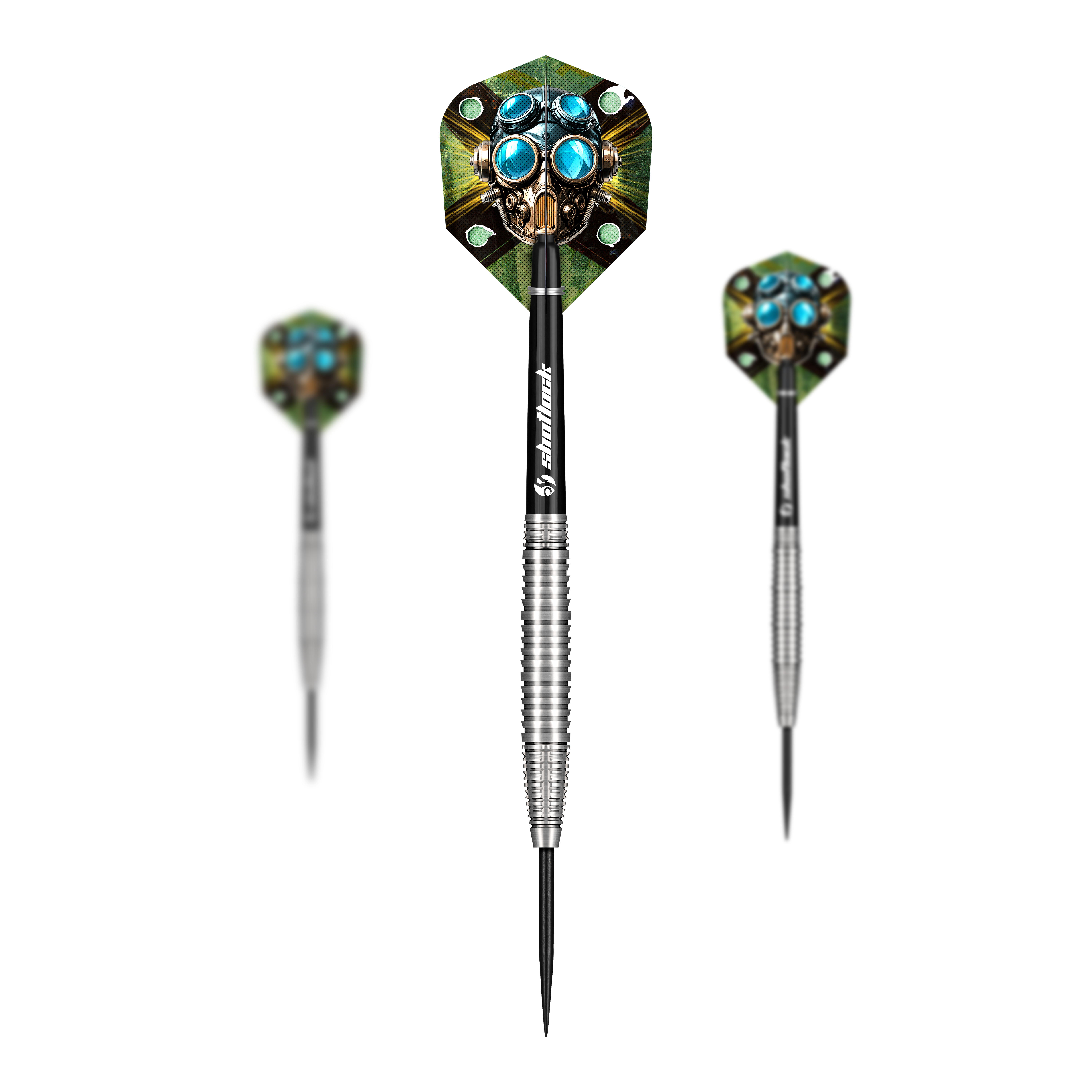 Hier sieht man die Shot Badlands Krush Steeldarts als Set. Das Produkt eignet sich für professionelle Dartspieler.