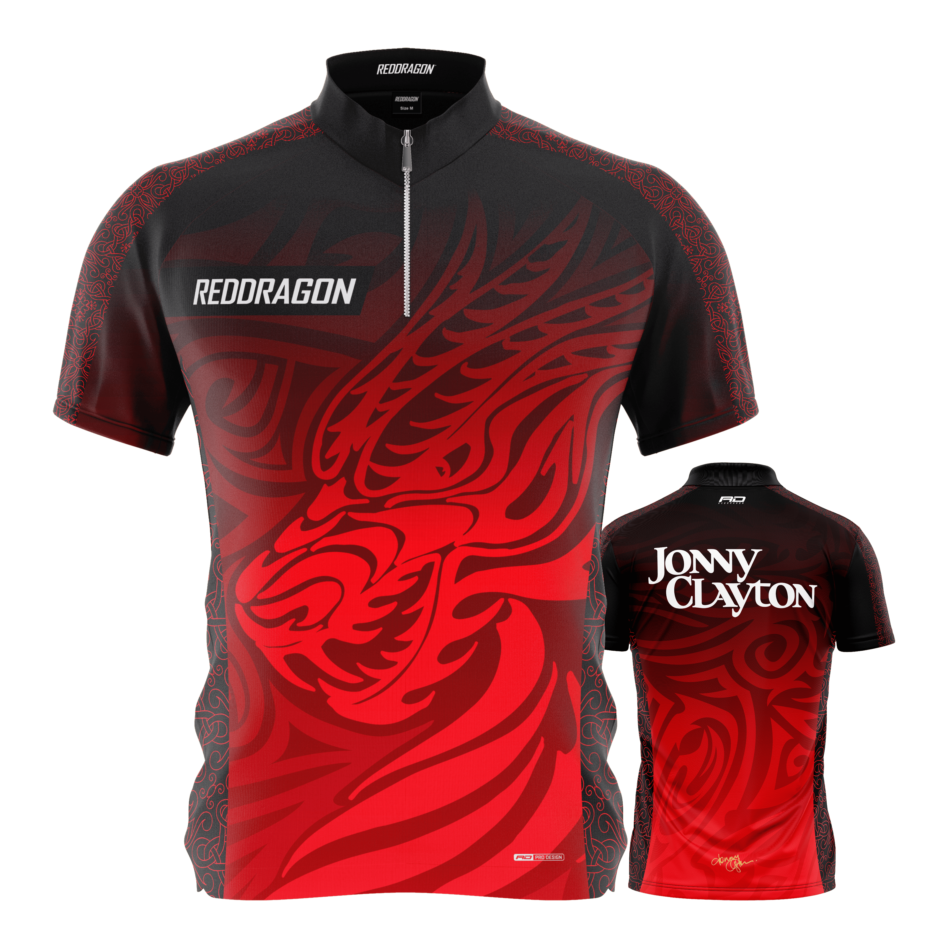Zu sehen ist das Red Dragon Jonny Clayton Limited Edition Dartshirt. Das Shirt ist eine limitierte Ausgabe und besonders für Dartfans interessant.