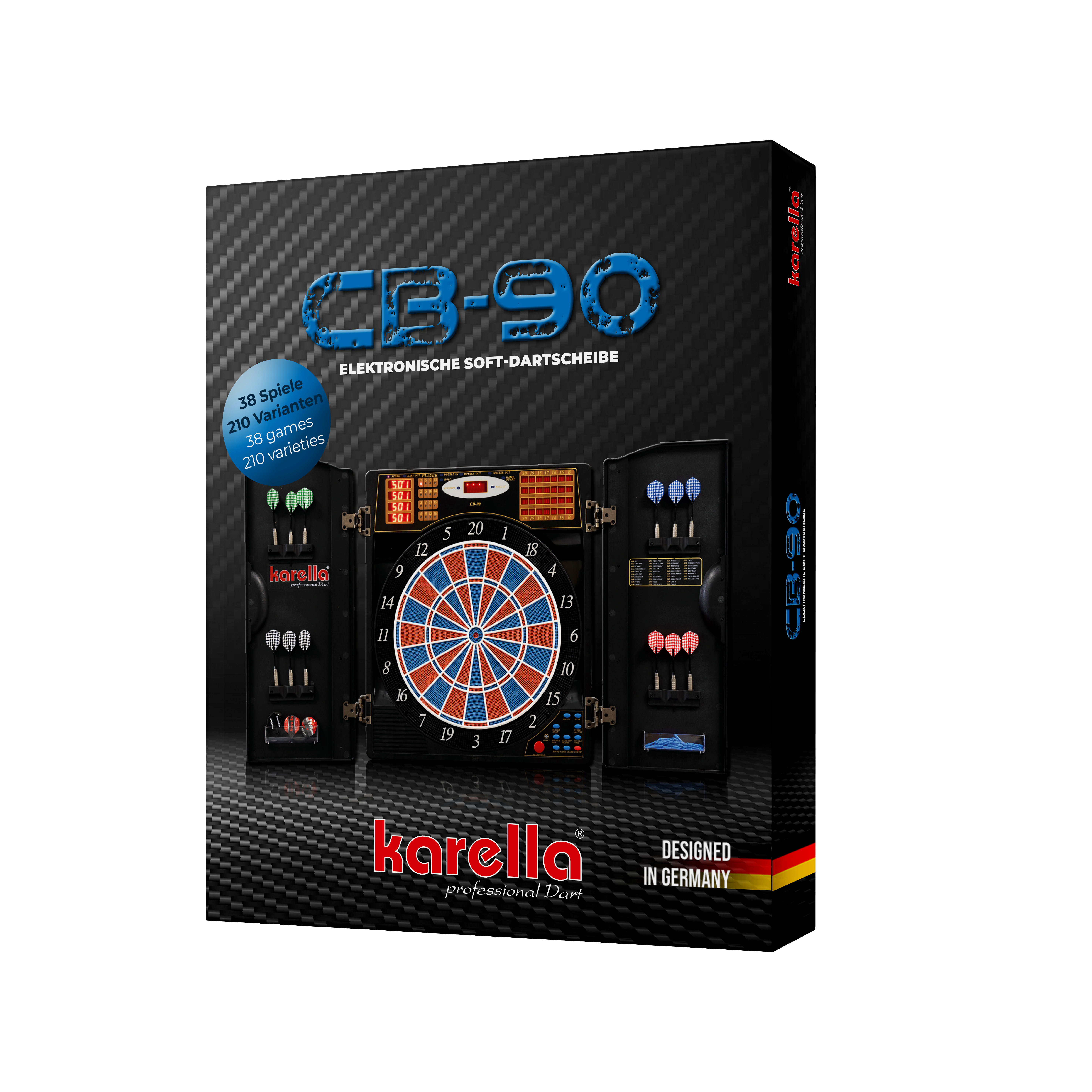 Electronic dartboard CB 90 tournament version Auf dem Bild ist die Verpackung einer elektronischen Dartscheibe "CB 90 Turnierausführung" von Karella zu sehen. Die Dartscheibe bietet 38 Spiele mit 210 Varianten und ist "Designed in Germany".