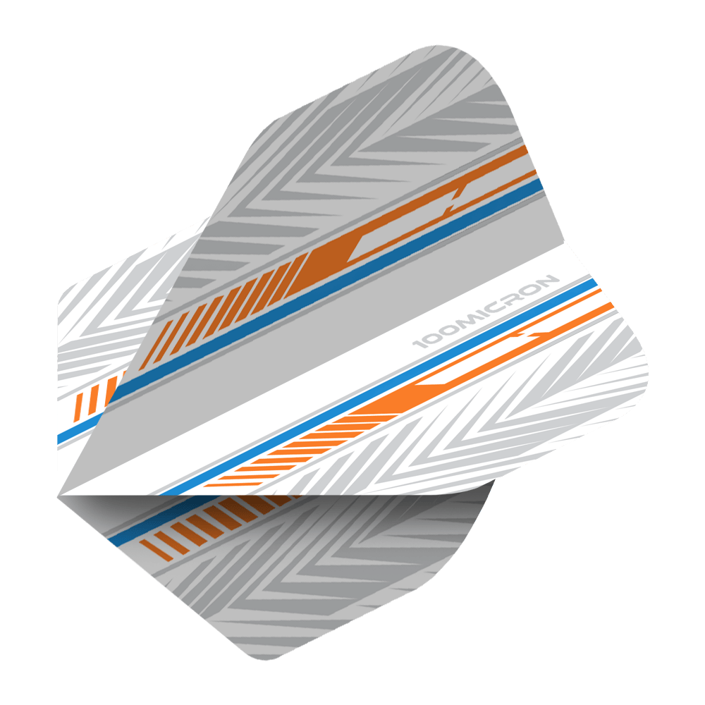 Pentathlon Flights white/orange/blue Das Bild zeigt ein Pentathlon Standard Dartflight in den Farben Weiß, Orange und Blau. Das Flight hat ein modernes, grafisches Muster mit der Aufschrift "100 MICRON".