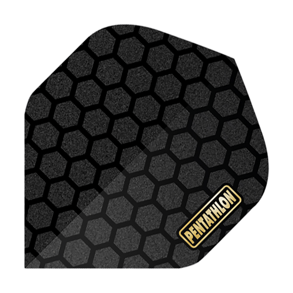 Pentathlon Flights RT Honeycomb Dieses Bild zeigt ein Dartflight mit einem schwarzen Wabenmuster. In der Ecke steht das Wort "PENTATHLON" in gelber Schrift auf einem weißen Hintergrund.