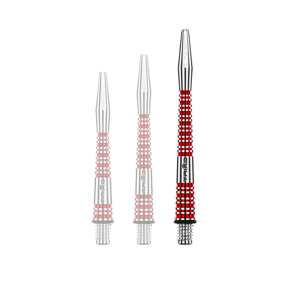 Das Bild zeigt drei unterschiedlich lange, rot-silberne Aluminium-Dartschäfte. Sie sind mit gerillten Strukturen für besseren Halt versehen.