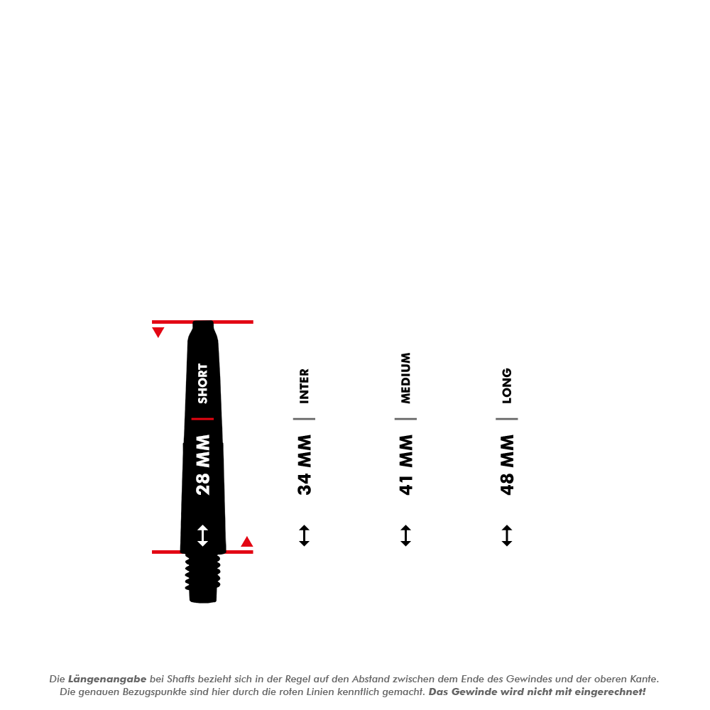 _McDart_Scope_Nylon_Shafts_5_28mm Das Bild zeigt die McDart Scope Nylon Shafts in verschiedenen Längen. Die verfügbaren Längen sind 28 mm (Short), 34 mm (Inter), 41 mm (Medium) und 48 mm (Long).