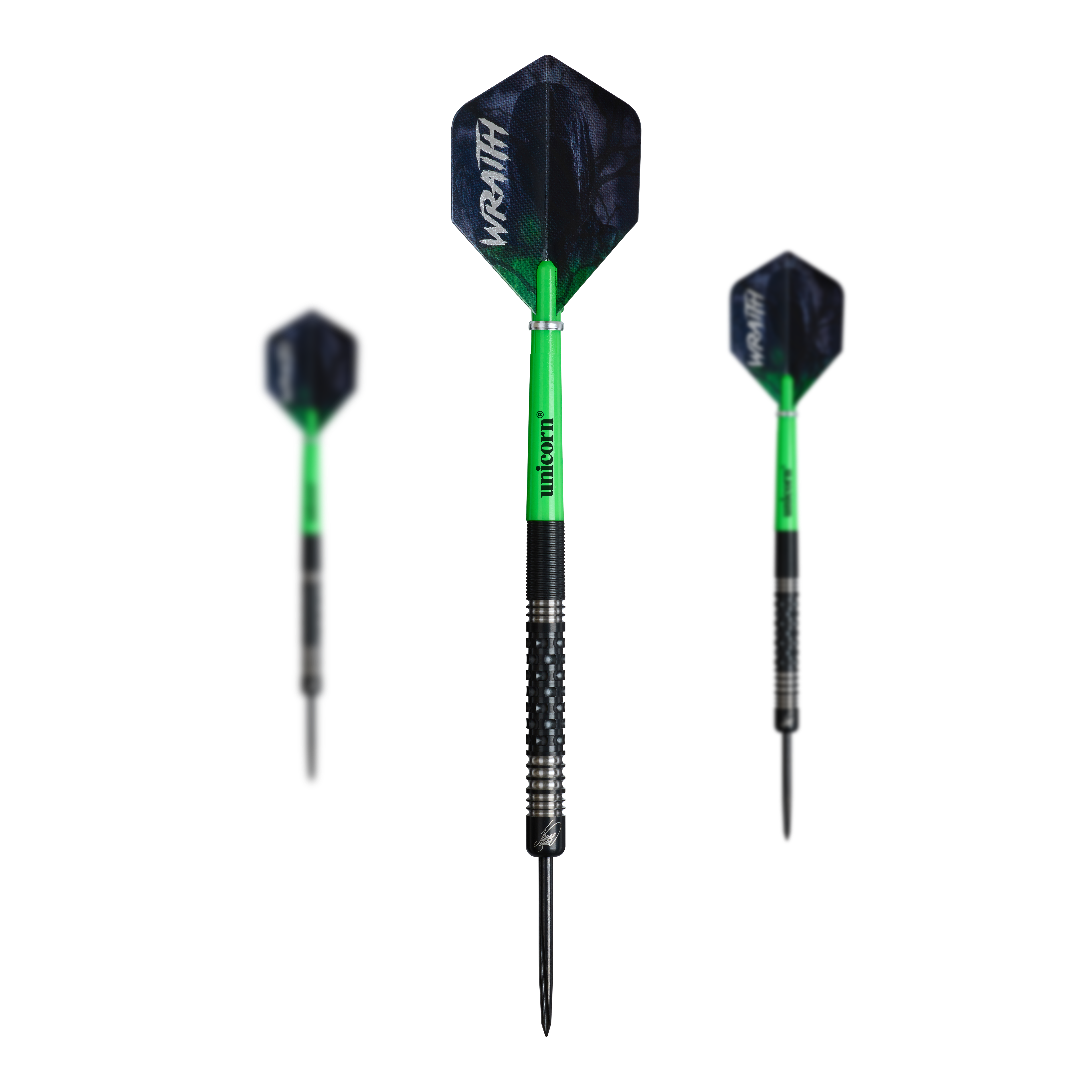 Das Bild zeigt ein Set der Unicorn Wraith James Wade Steeldarts. Diese Steeldarts sind für ein optimales Spielerlebnis entwickelt.