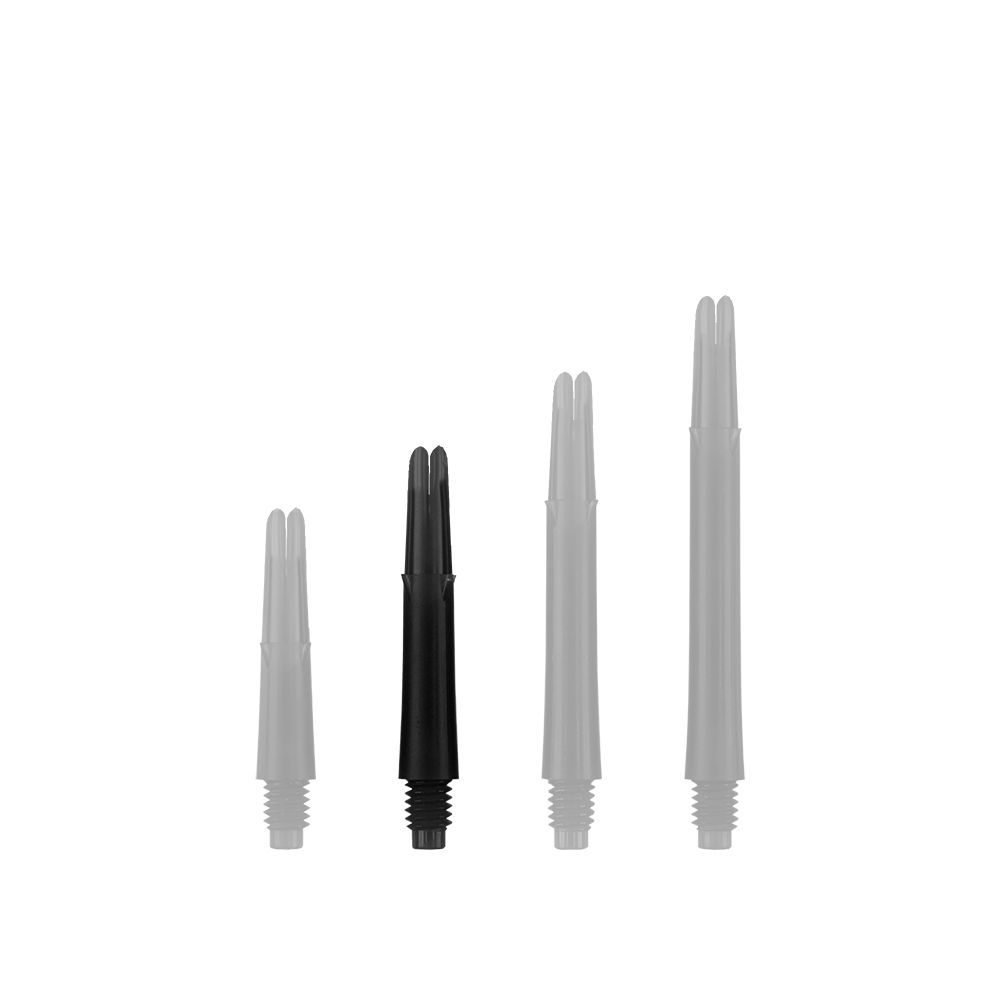 L-L-Style-Shafts Locked Straight - Black Auf dem Bild sind vier schwarze, gerade Dartschäfte in unterschiedlichen Längen zu sehen. Sie stehen nebeneinander aufrecht vor weißem Hintergrund.