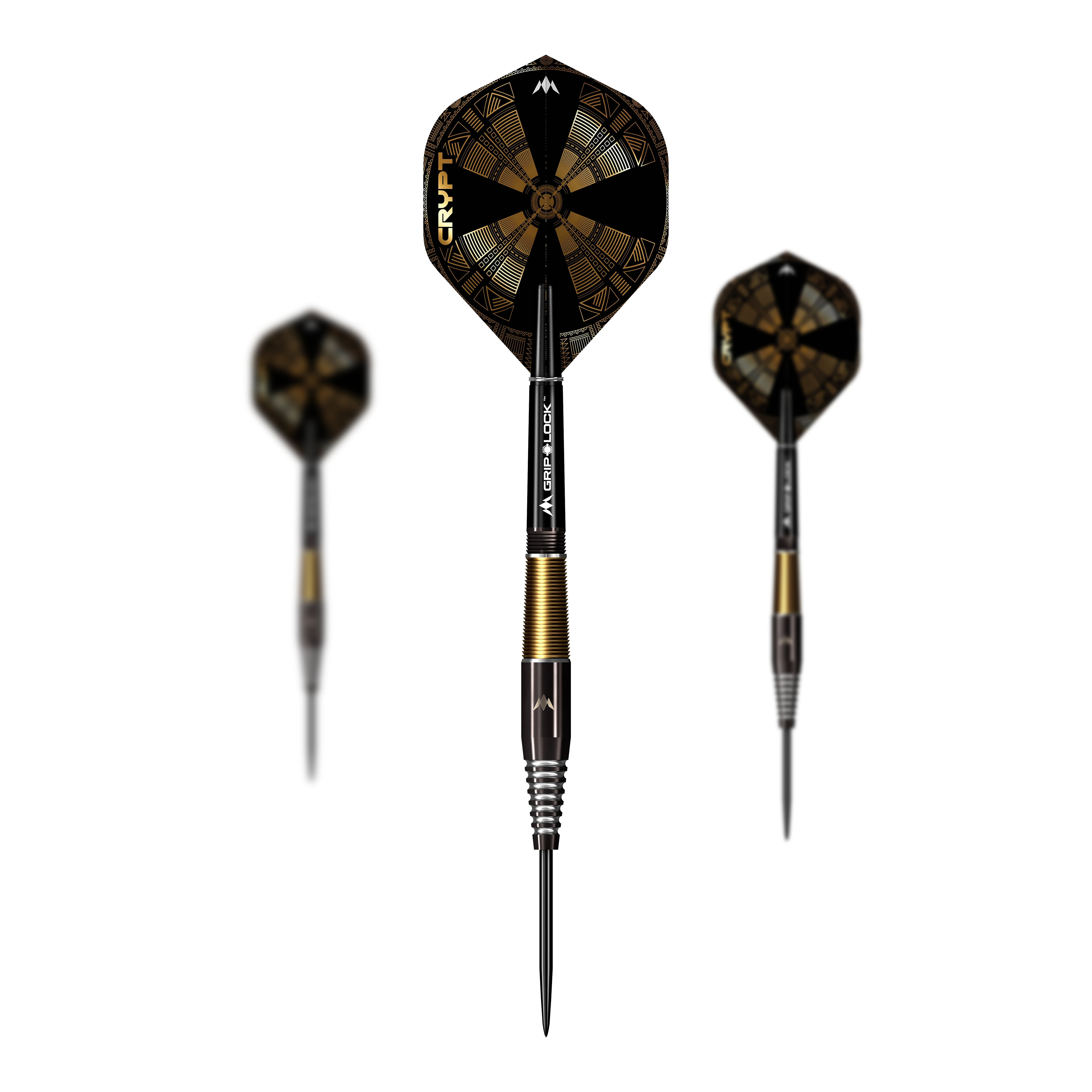 Mission Crypt Model 2 steel darts - 23g Das Bild zeigt drei Steeldarts des Modells "Mission Crypt Model 2" mit einem Gewicht von 23g. Die Darts haben ein schwarzes und goldenes Design mit auffälligen geometrischen Mustern auf den Flights.