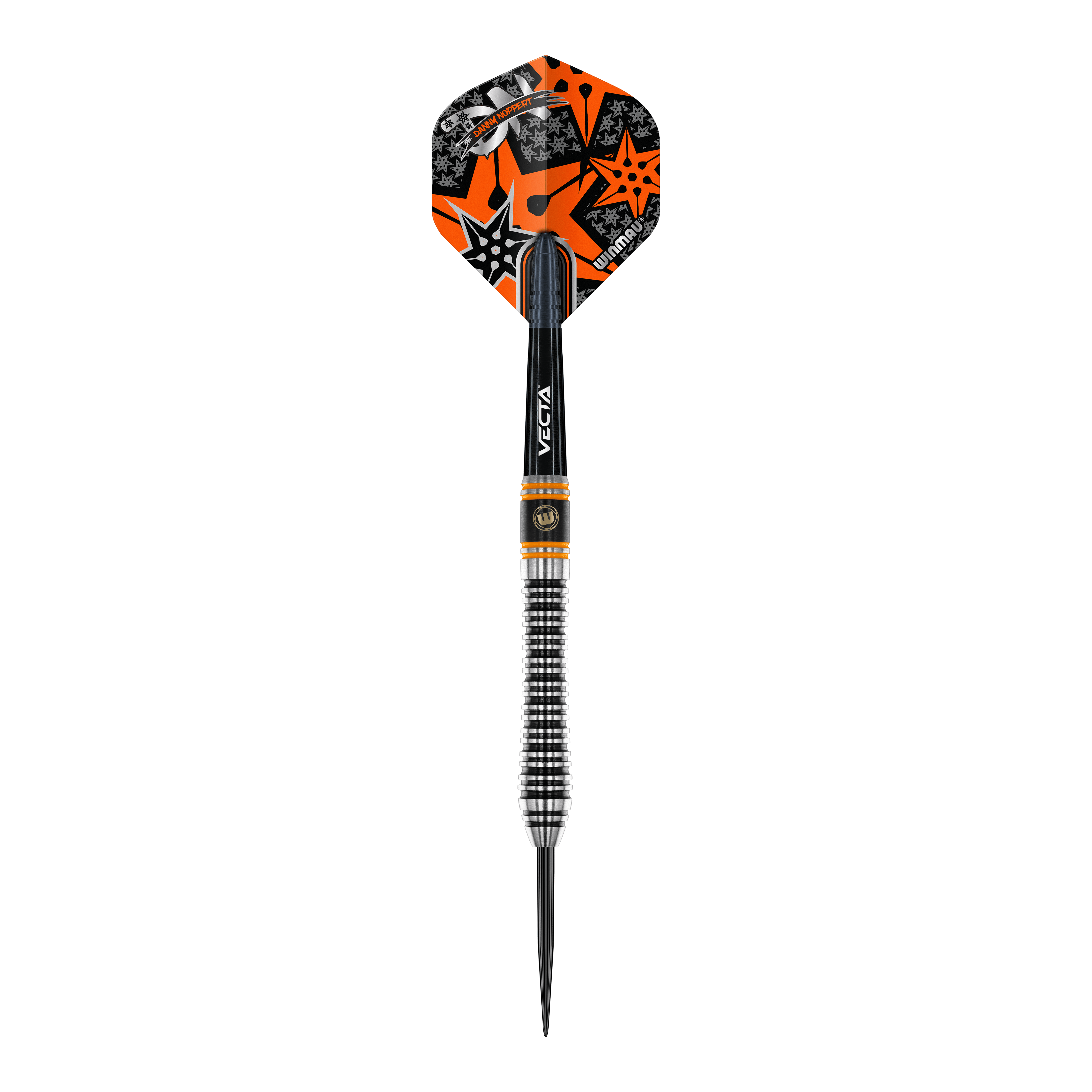 Winmau Danny Noppert Signature Edition 2 steel darts Dies ist ein Winmau Danny Noppert Signature Edition 2 Steeldart. Der Dart hat ein auffälliges schwarzes, silbernes und orangefarbenes Design mit Sternmotiven auf dem Flight.