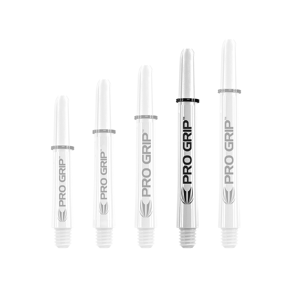 Target Pro Grip Shafts - 3 Sets - White Auf dem Bild sind fünf weiße Pro Grip Shafts für Dartpfeile in unterschiedlicher Länge zu sehen. Sie sind mit dem Schriftzug "PRO GRIP" und einem schwarzen Ring versehen.