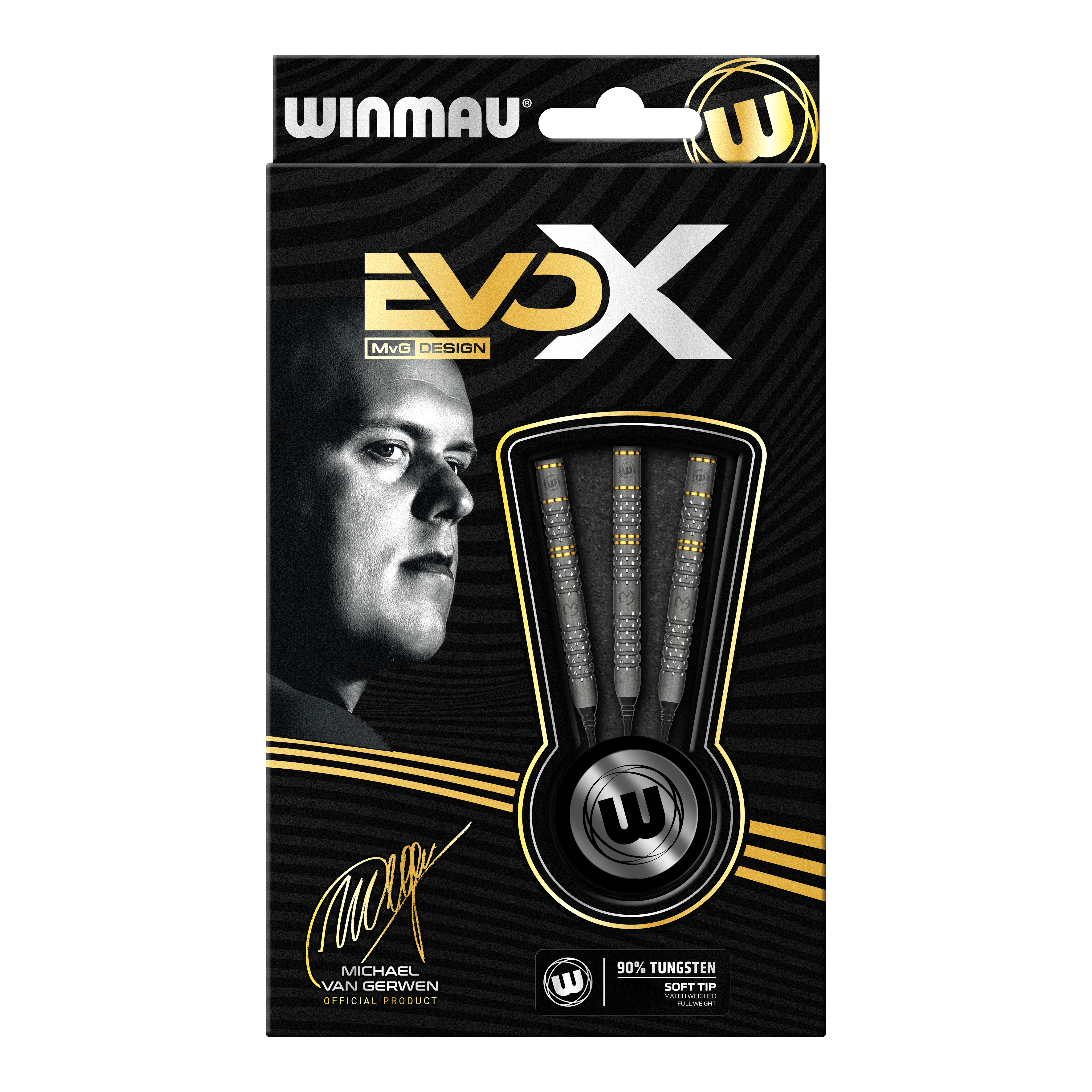 Winmau Michael Van Gerwen Evo-X soft darts - 20g Die Abbildung zeigt die Verpackung der "Winmau Michael Van Gerwen Evo-X Softdarts - 20g". Auf der Vorderseite sind drei Softdarts sowie ein Porträt von Michael Van Gerwen zu sehen.