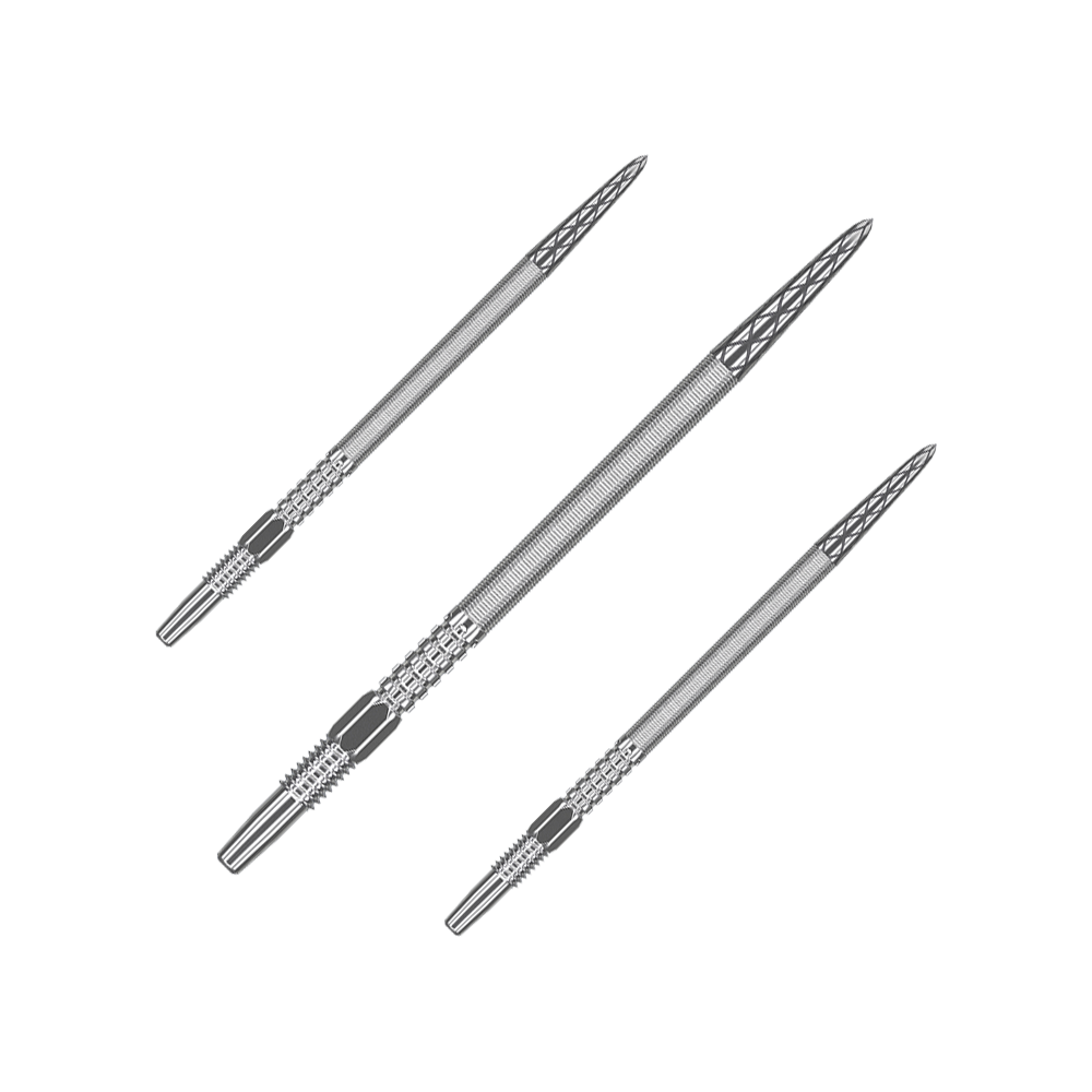 Target Swiss Point DX dart tips - Silver Das Bild zeigt drei silberne Dartspitzen, die nebeneinander angeordnet sind. Sie haben eine geriffelte Struktur und eine spitz zulaufende Form.