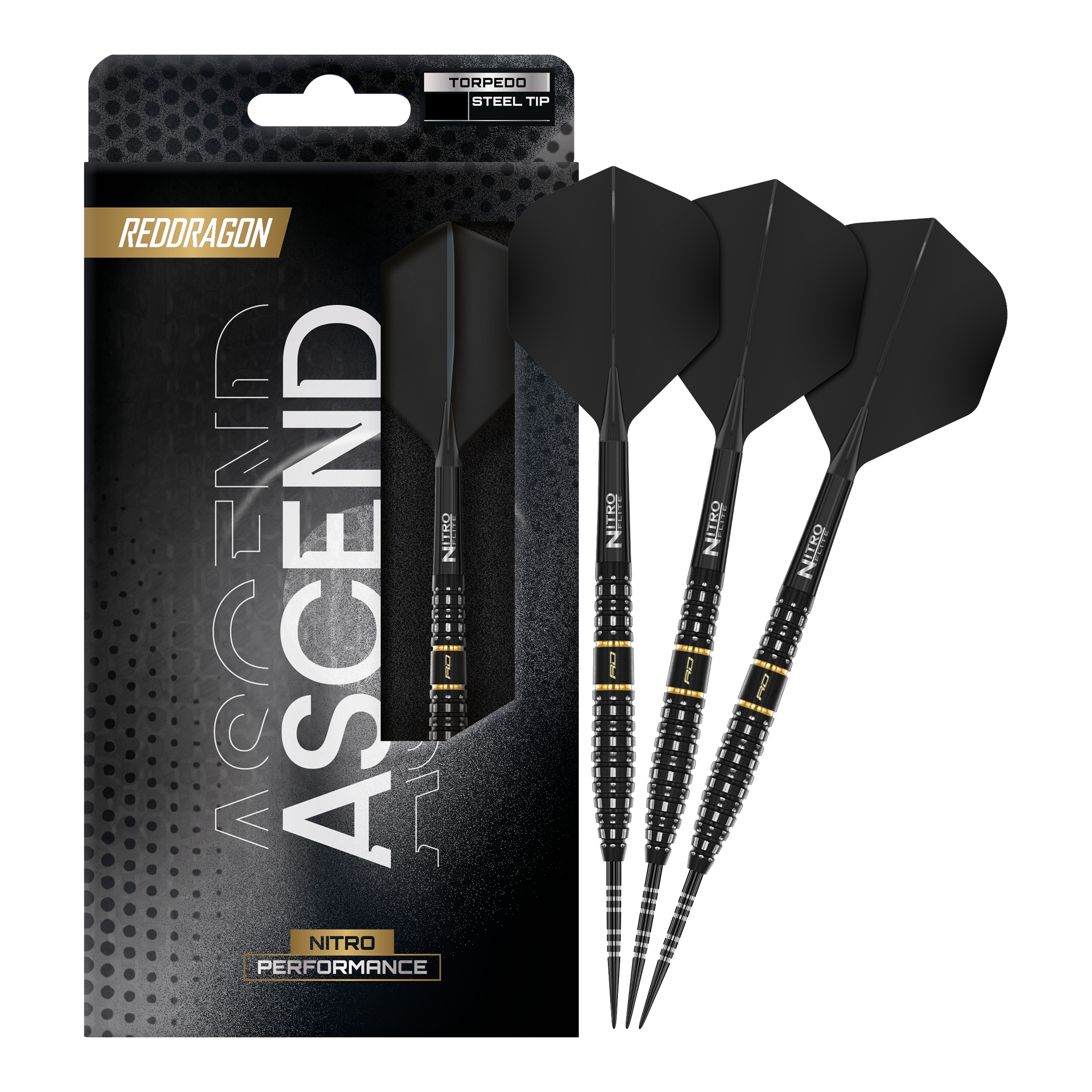 Red Dragon Ascend Torpedo Steel Darts Zu sehen ist das komplette Set der Red Dragon Ascend Torpedo Steeldarts. Die Aufnahme zeigt alle enthaltenen Komponenten des Produkts.