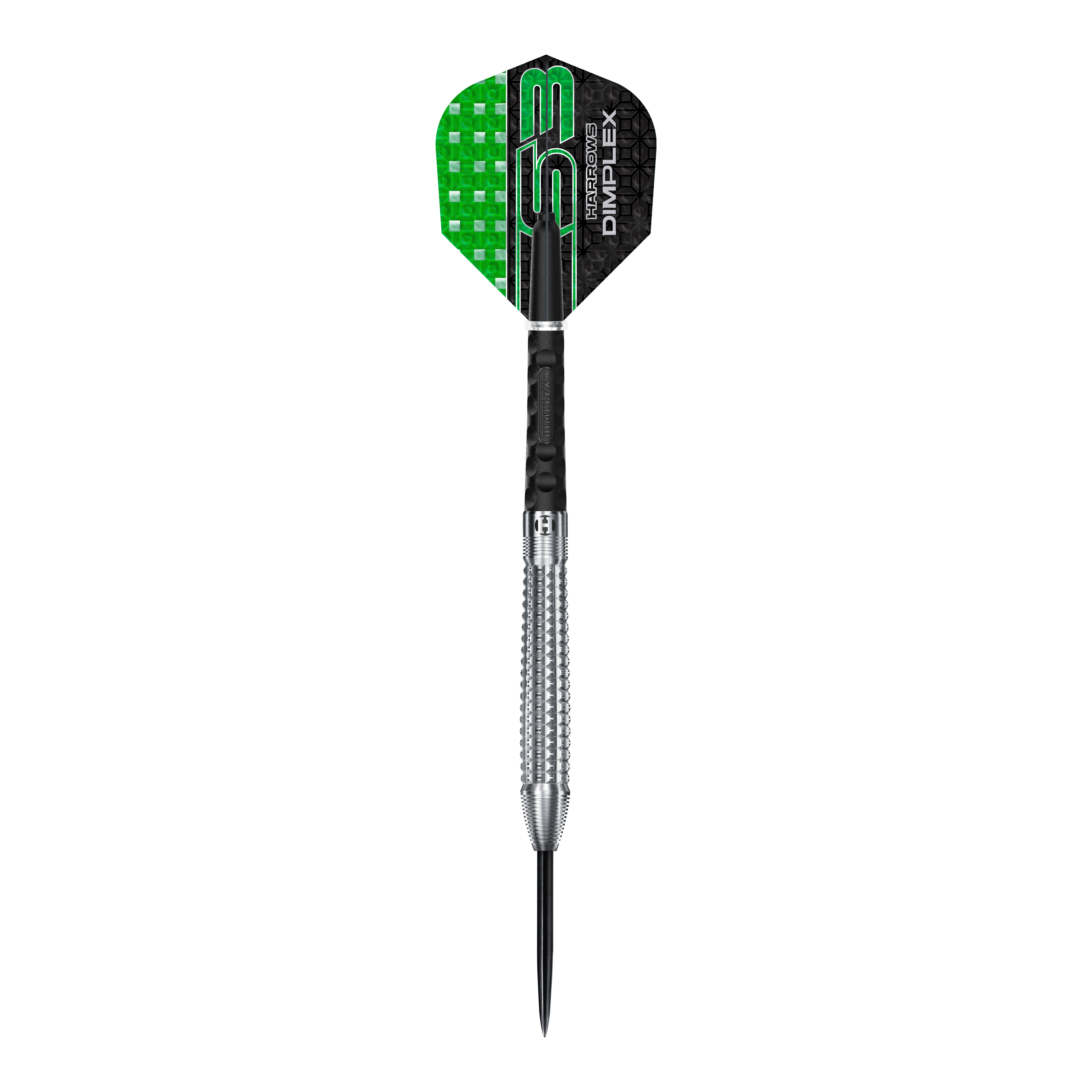 Harrows Dimplex S3 Tapered Steel Darts Auf dem Bild ist ein Harrows Dimplex S3 Tapered Steeldart zu sehen. Der Dartpfeil hat eine silberne, geriffelte Spitze und grün-schwarze Flights.