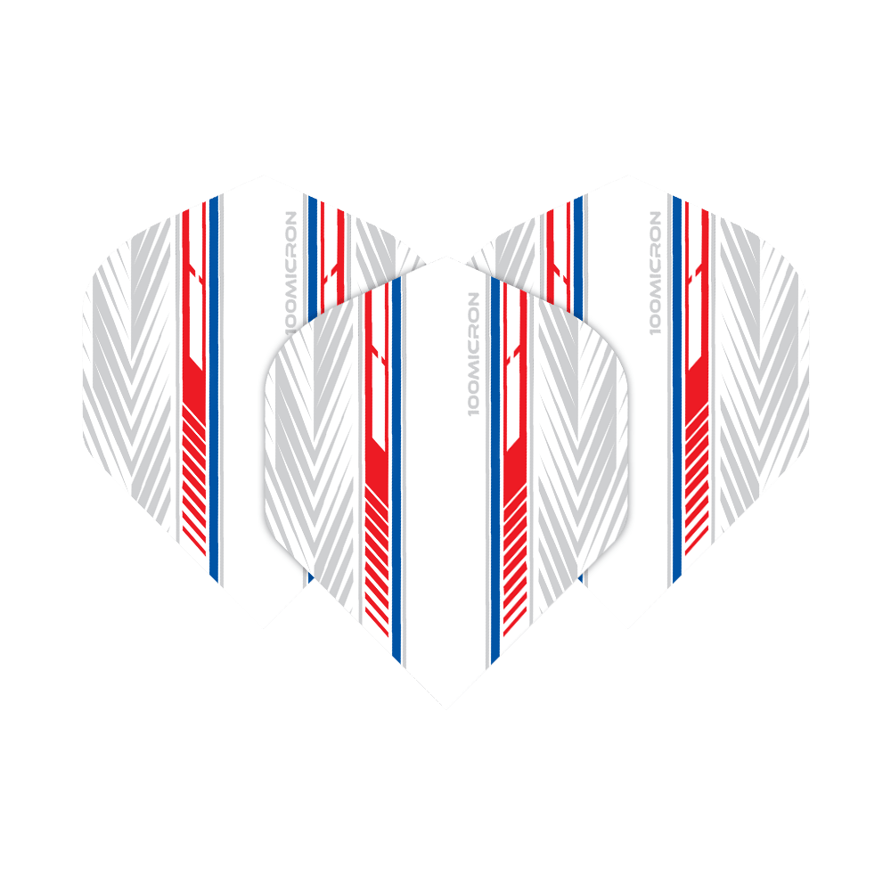 Pentathlon Flights white/red/blue Das Bild zeigt die "Pentathlon White Red Blue No2 Standard Flights". Die Flights sind überwiegend weiß mit roten, blauen und grauen Linienmustern.