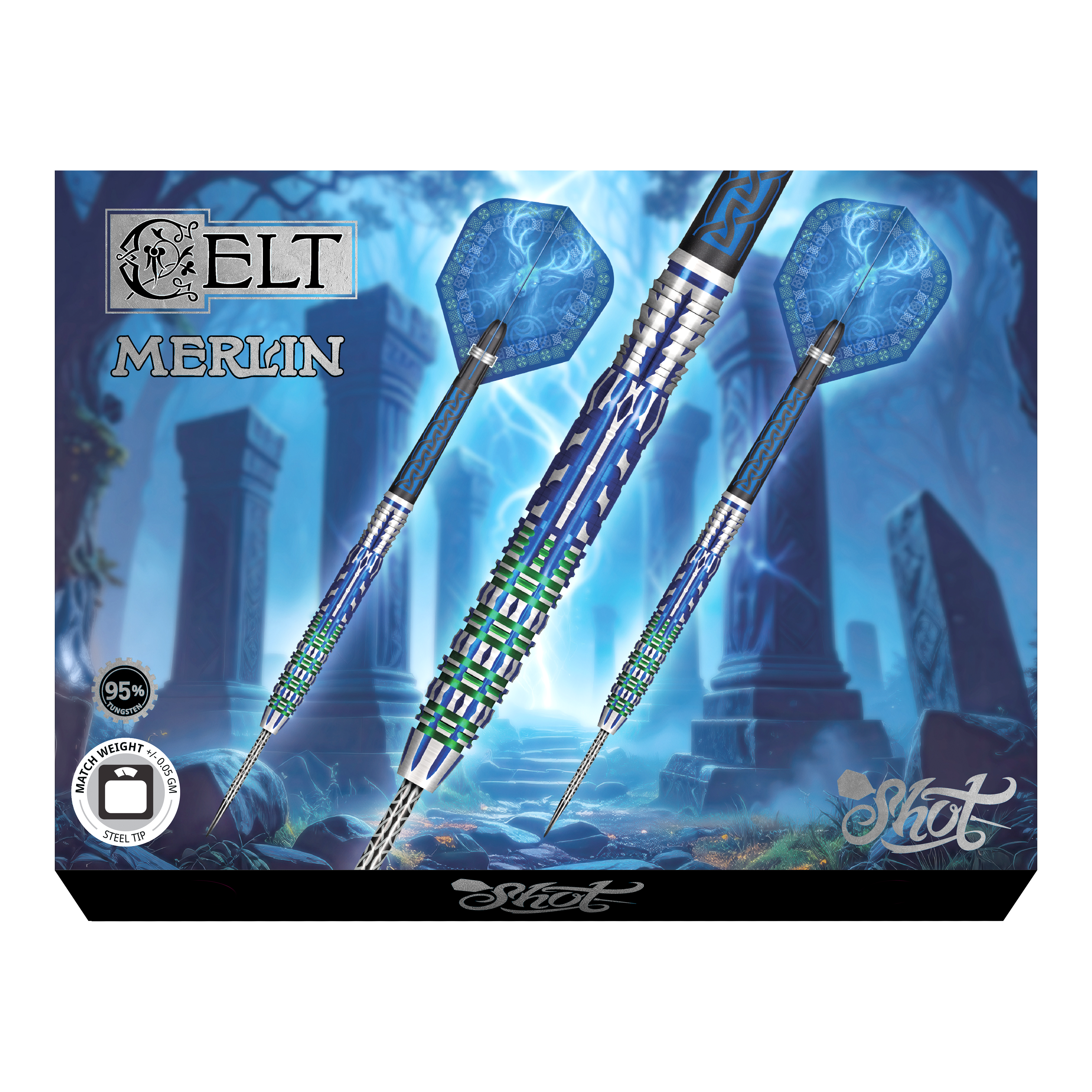 Shot Celt Merlin steel darts Das Foto zeigt die Shot Celt Merlin Steeldarts aus einer anderen Perspektive. Sie sind aus hochwertigem Material gefertigt.