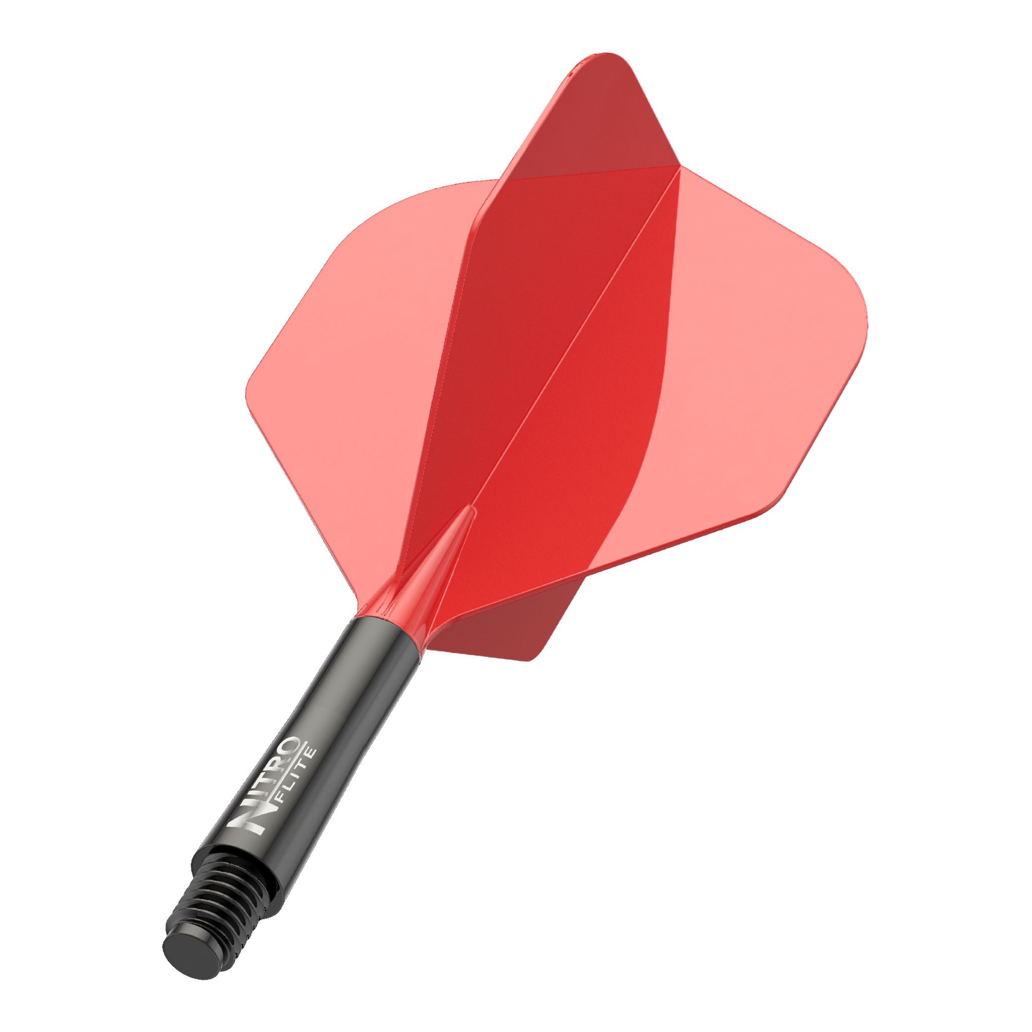 Zu sehen ist ein Nitro-Flite in Schwarz und Rot, Short Größe, 22 mm. Das Bild zeigt die Details und Farben des Dart-Flights.