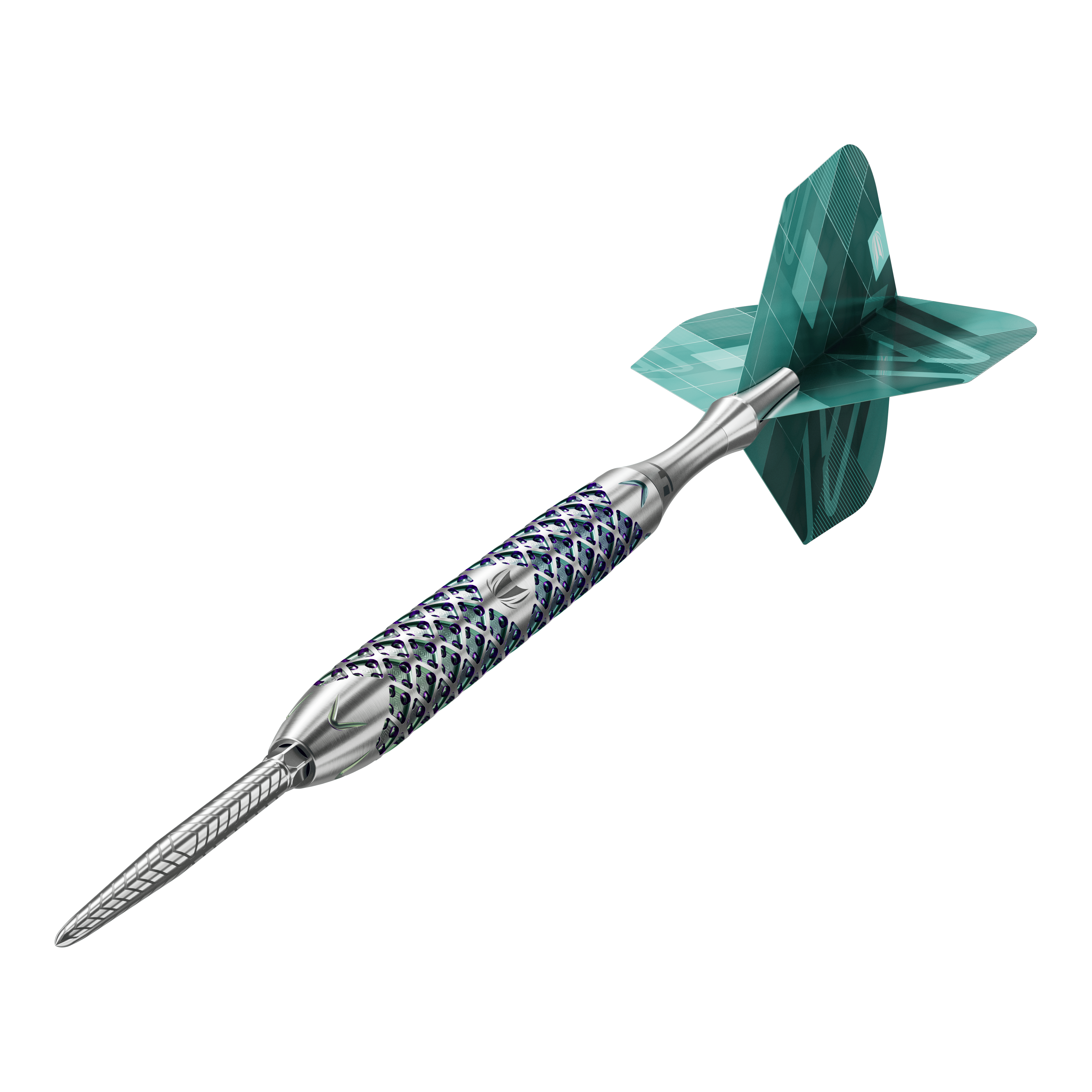 Target Rove 01 Swiss Point steel darts Das Bild zeigt einen Target Rove 01 Swiss Point Steeldart mit silbernem Schaft und blau-grünen Akzenten. Am hinteren Ende befindet sich eine grün gemusterte Dartflügel.