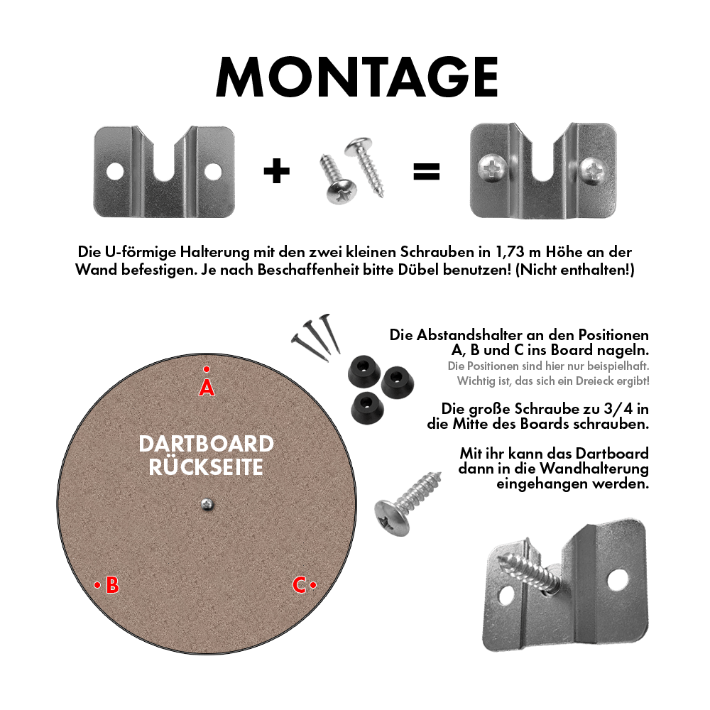 666_Steeldartboard_Wandhalterung_2Ds8lXgAHt5RyR Das Bild zeigt eine Wandhalterung für ein Steeldartboard mit den dazugehörigen Schrauben und Befestigungsteilen. Es wird dargestellt, wie die Halterung an der Wand und am Dartboard montiert wird.