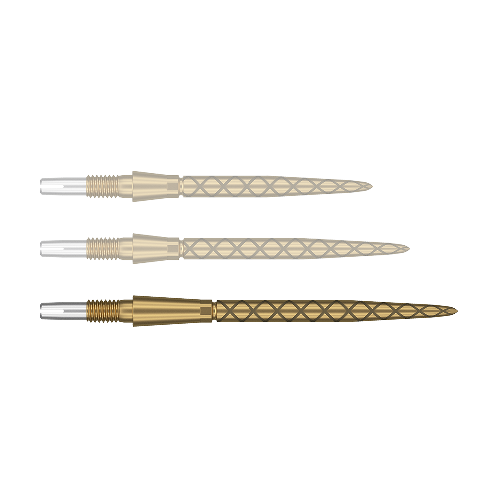 Target Swiss Storm Diamond Point Dart Tips - Gold Das Bild zeigt drei goldfarbene Dartspitzen mit einem rautenförmigen Muster. Die Enden der Spitzen sind silbern und haben ein Gewinde zum Befestigen.
