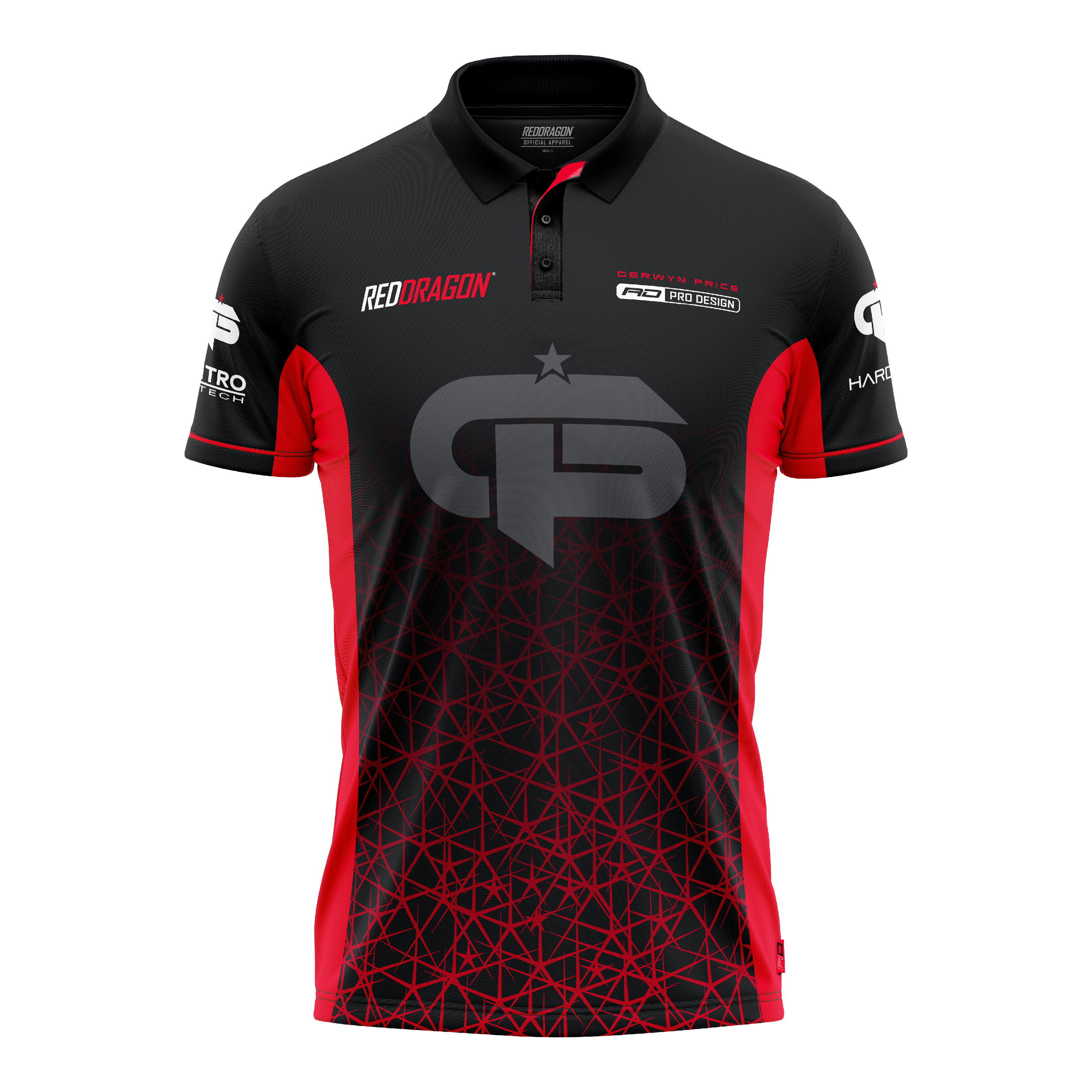 Red Dragon Gerwyn Price Red Tour Polo Dart Shirt Das Bild zeigt ein schwarzes und rotes Dartshirt mit dem Namen "Red Dragon Gerwyn Price Red Tour Polo Dartshirt". Auf der Vorderseite sind Logos und ein großes GP-Emblem zu sehen.