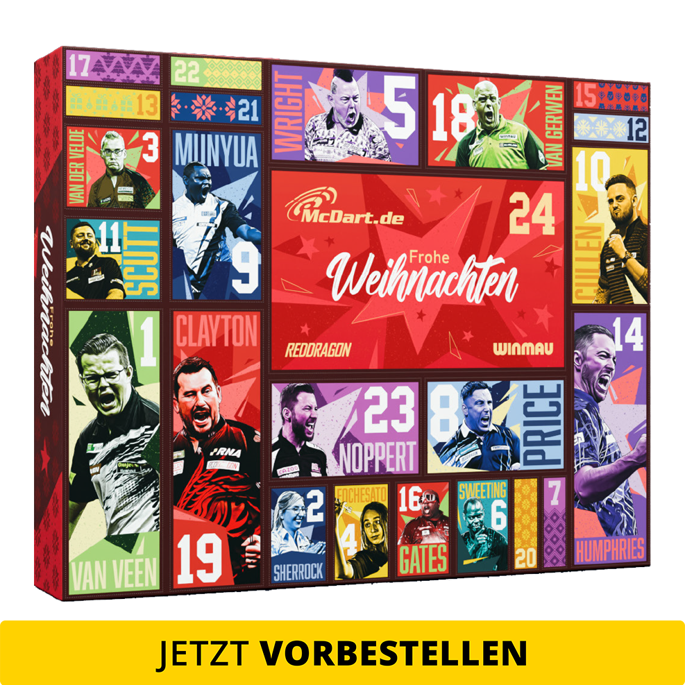 Das Bild zeigt den McDart Steel-Darts Adventskalender 2026. Die Abbildung betont das besondere Angebot für Dart-Fans.